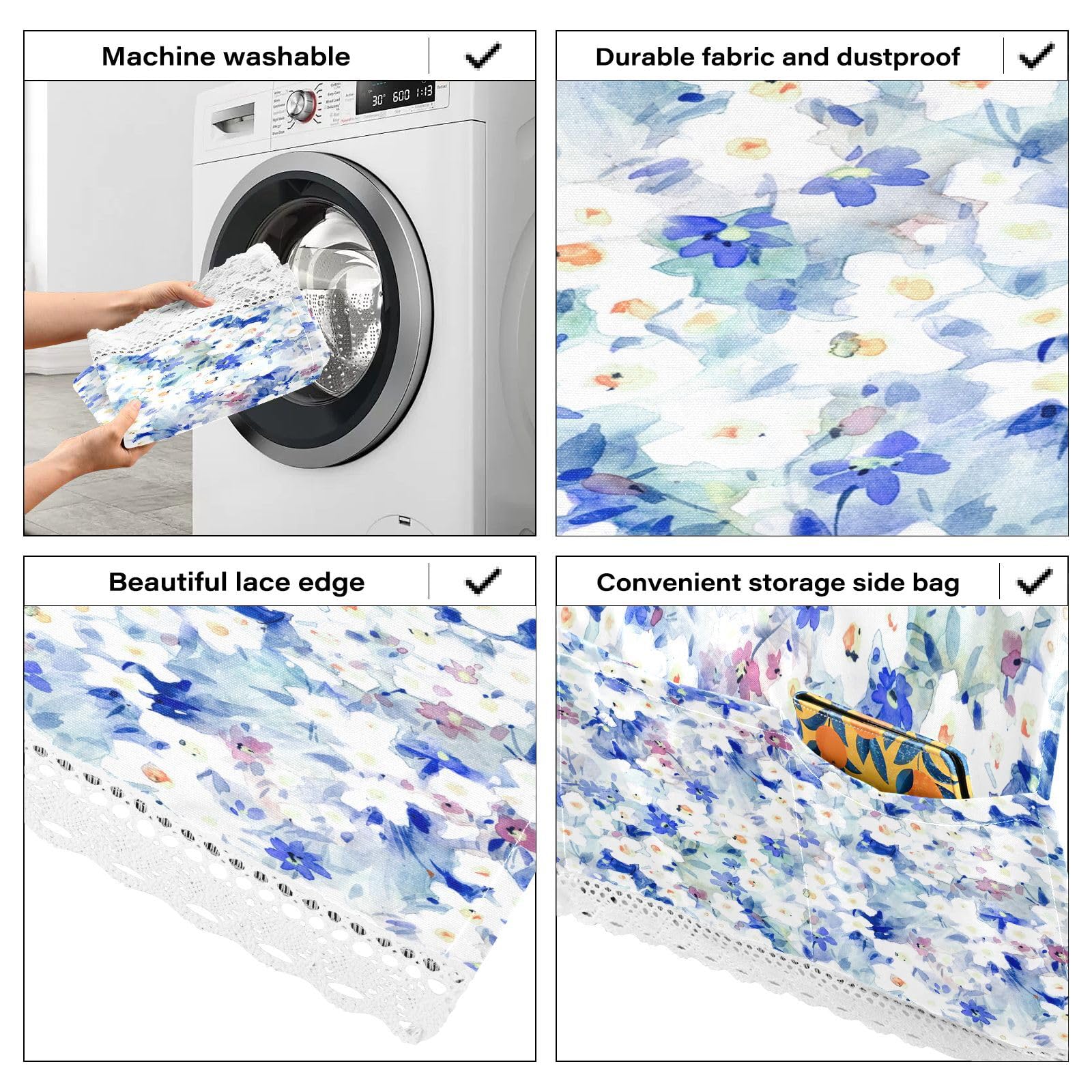 BOESI Flowers Watercolor Washer and Dryer Cover, 51.2x22in Refrigerator Dust Cover, Appliance Non-Slip Protective Cover Fabric with 4 Storage Bags