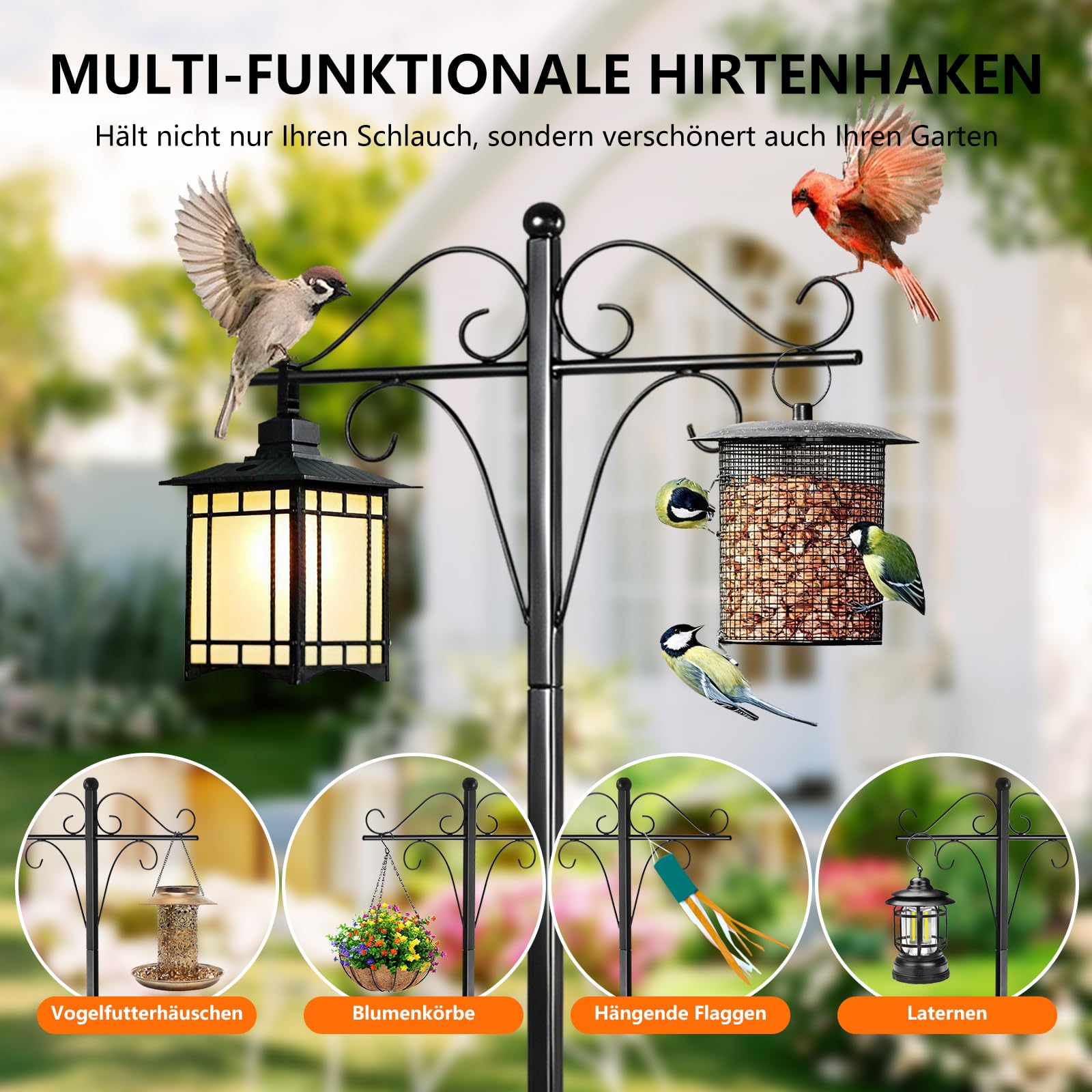 BILIONE Support de tuyau d'arrosage autoportant Heavy Duty avec 5 piquets et 2 crochets de berger pour tuyau de 45 m, support de tuyau d'eau amovible pour extérieur, jardin, pelouse