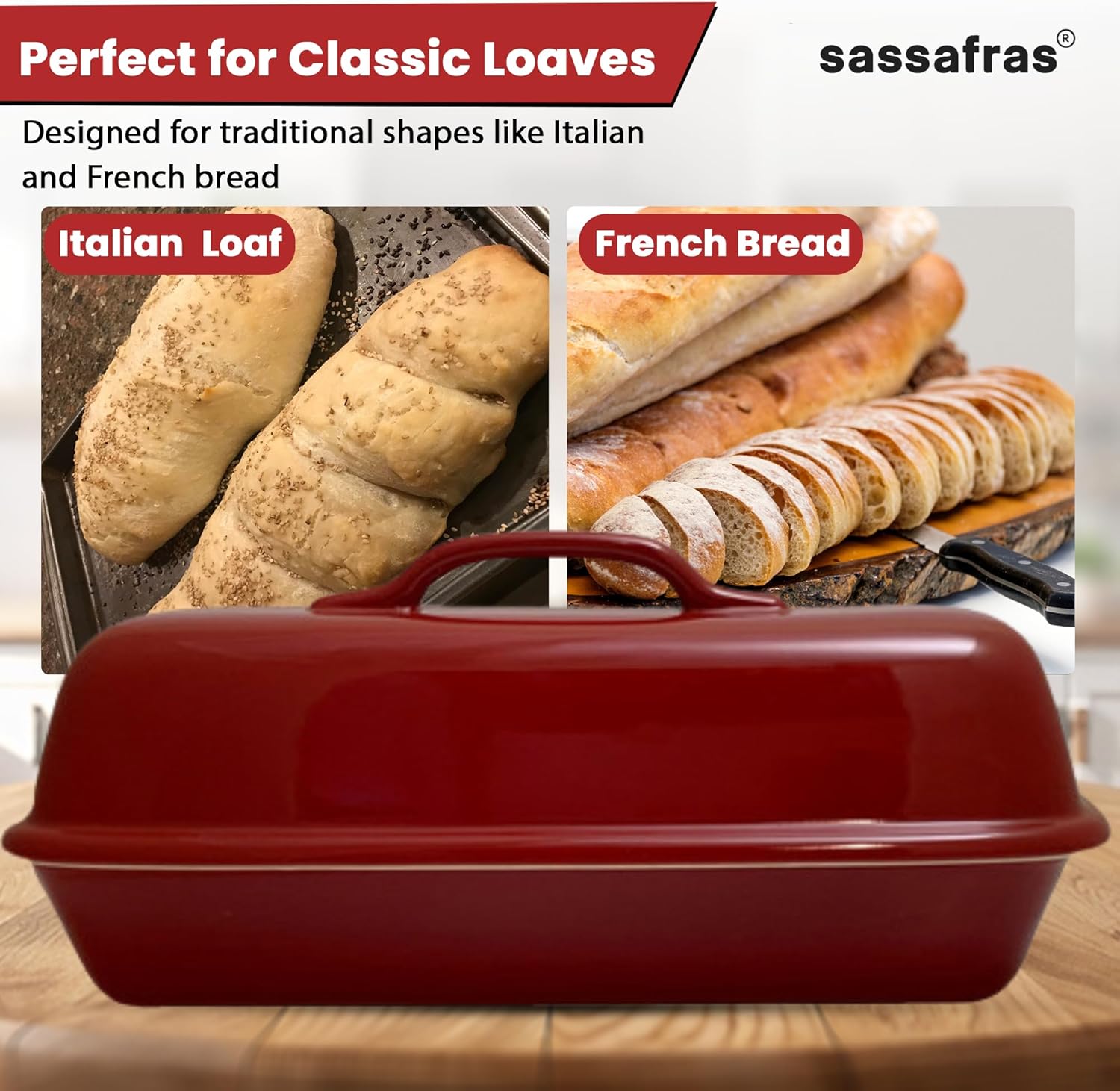 Sassafras Superstone® Covered Bread Baker with Lid - Red Glazed Exterior and Unglazed Interior Stoneware Bakeware - Bakes an Artisan Italian Bread with Crusty Crust and a Light Crumb