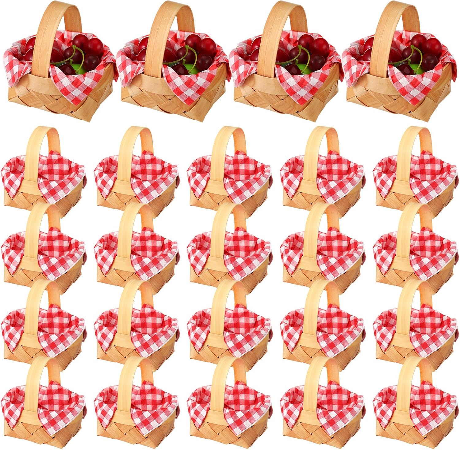 Geelin 24 Pcs Mini Woven Basket with Handle and Red White Gingham Paper Napkins Wood Chip Mini Flower Fruit Picnic Basket Chip for Easter Spring Wedding Party Gift Decoration (Medium)