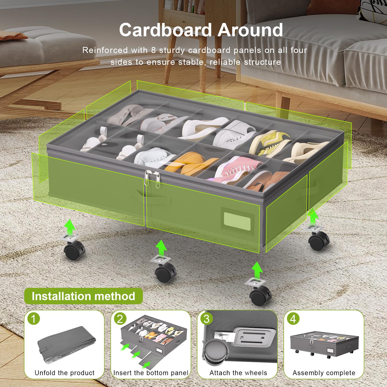 Unterbett-Schuh-Organizer mit Rollen für den Schrank, passend für 24 Paar, stabile Unterbett-Schuh-Aufbewahrungsbox, 2er-Set (grau)