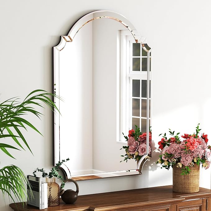 Chende Large Arched Wall Mirror, 22" X 34" Bathroom Mirror with Glass Beveled Edge, Modern Wall Decorative Mirror for Elegant Living Room, Dining Room, Bedroom