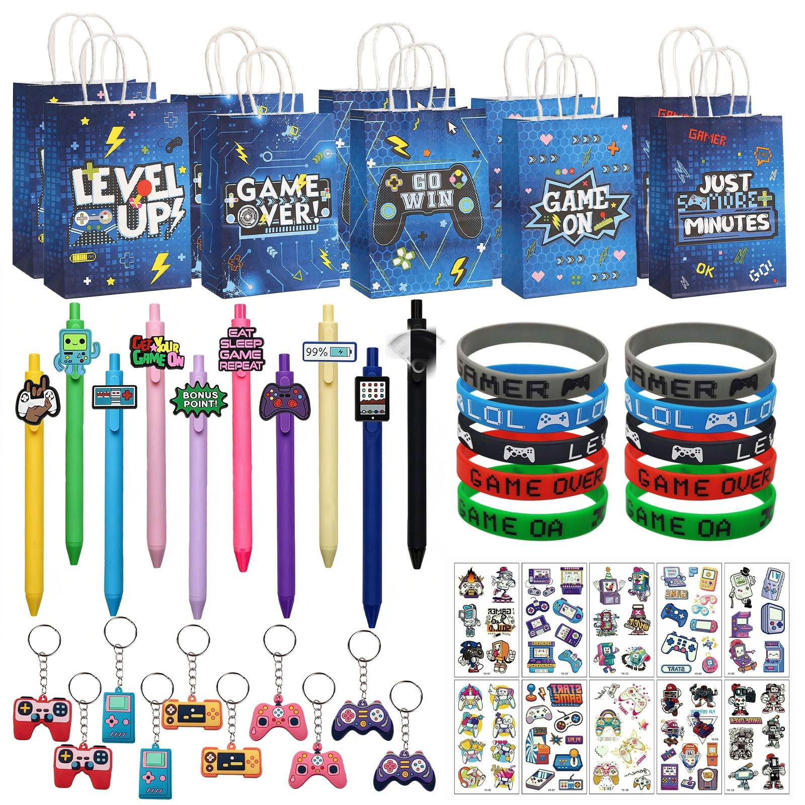 SIMDAO 50PCS Gaming Party Bags, Video Game Party Favors, Video Game Party Bag Fillers, Including Silicone Bracelet Keychain Pen Luminous Stickers Gift Bags for Family Celebrations, Surprise Gifts