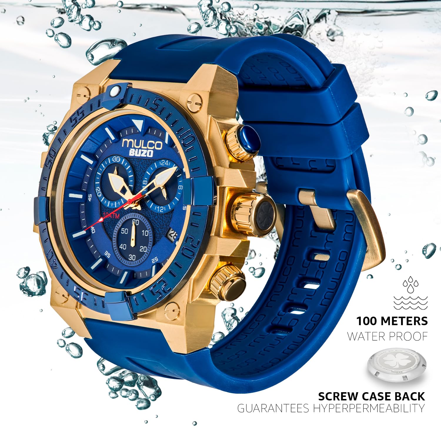 MULCO Buzo - Relojes para hombre, caja de acero inoxidable con correa de silicona o correa de acero inoxidable, movimiento cronógrafo de cuarzo, pantalla analógica de esfera grande, 100 m, resistente