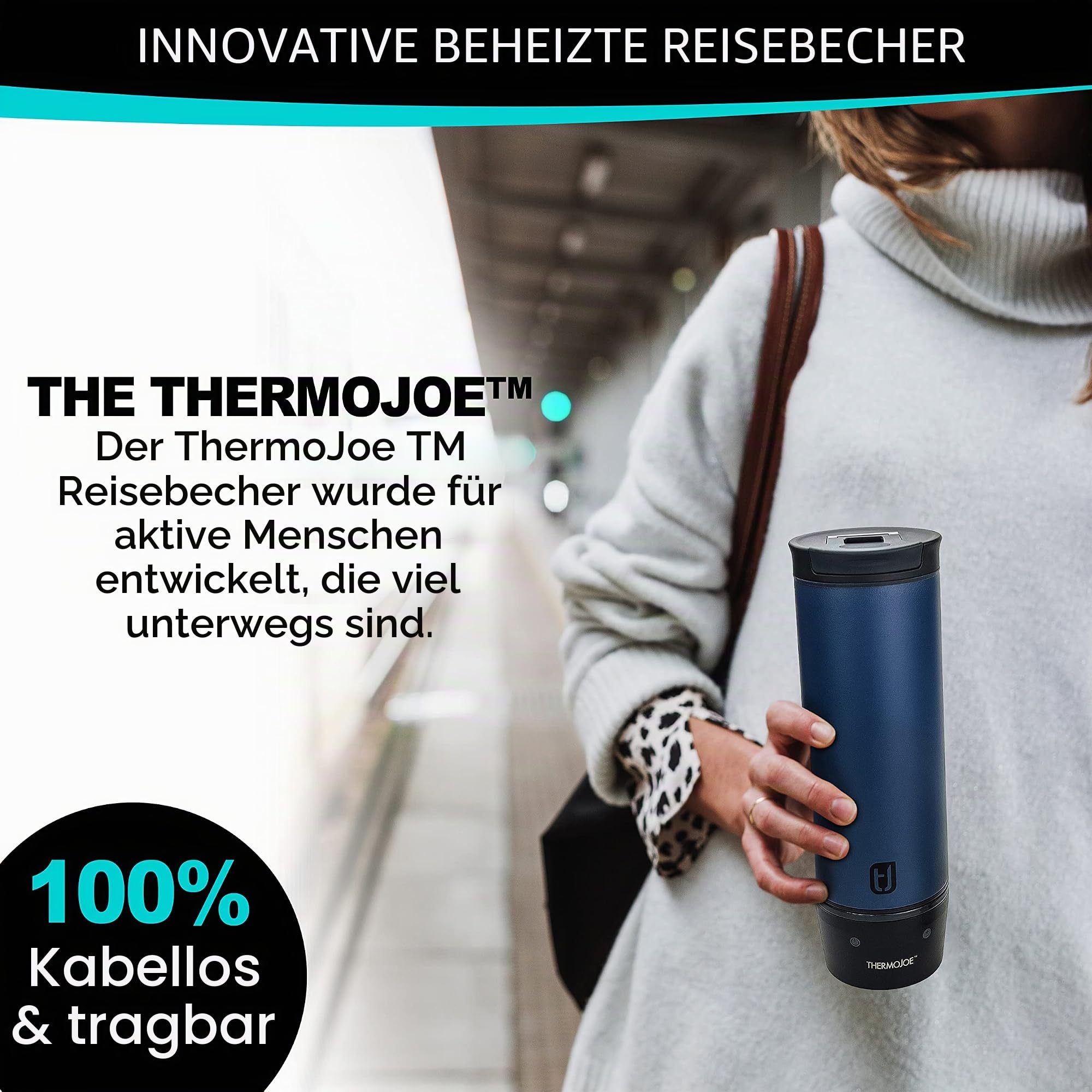 Thermojoe Wiederaufladbarer beheizter intelligenter Reisebecher für Kaffee und Tee mit Temperaturkontrolle, 473 ml