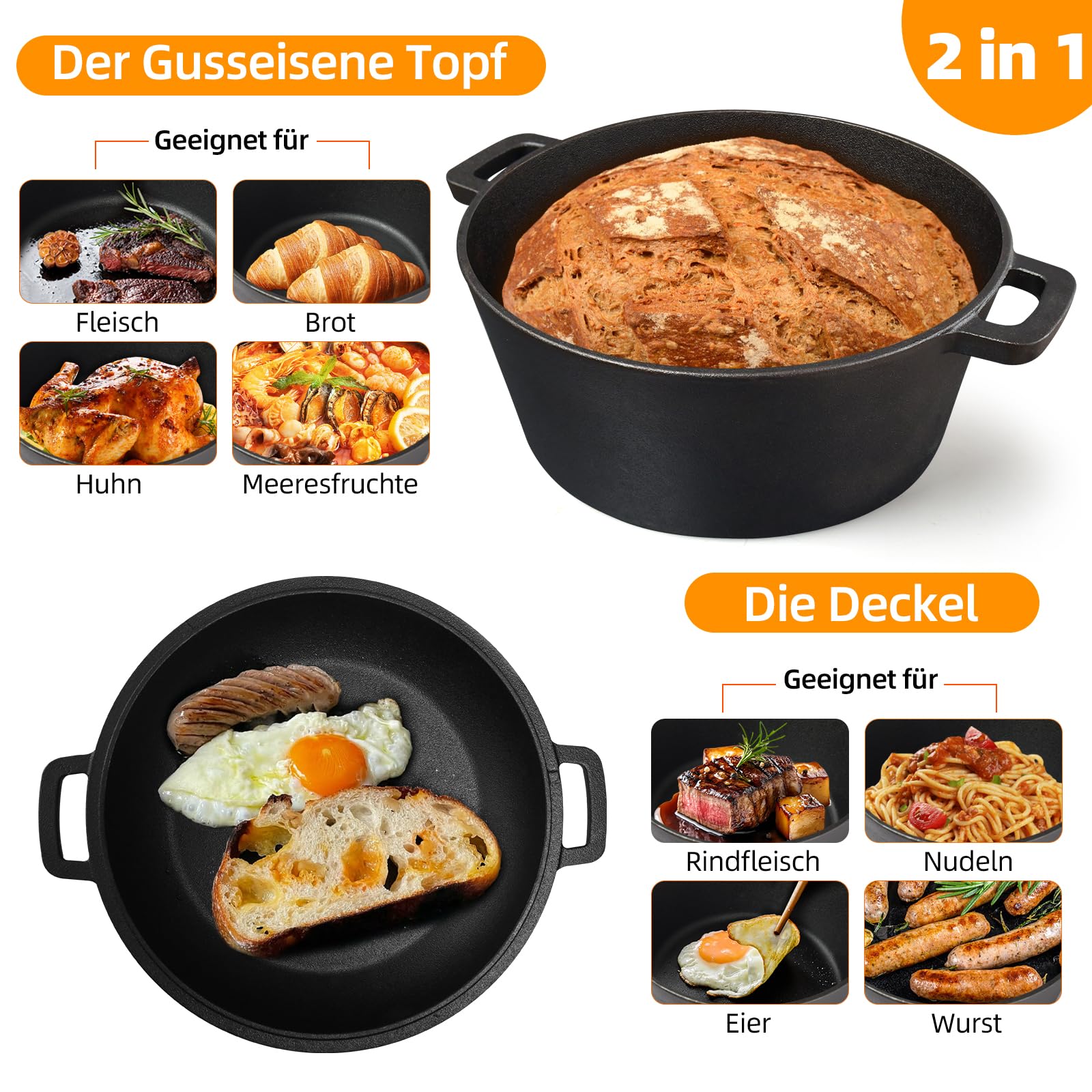 Casserole en fonte de 4,5 l - Couvercle tout-en-un - Idéale pour la cuisson du pain, le ragoût et la cocotte - Compatible avec induction, gaz, camping, feu, barbecue et barbecue - 26 cm (26 cm)