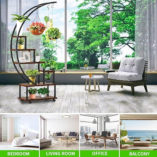 Miniatura 5 de 2 soportes de metal de 6 niveles altos para interiores, estante grande en forma de media luna con ruedas desmontables, escalera curvada para maceta,