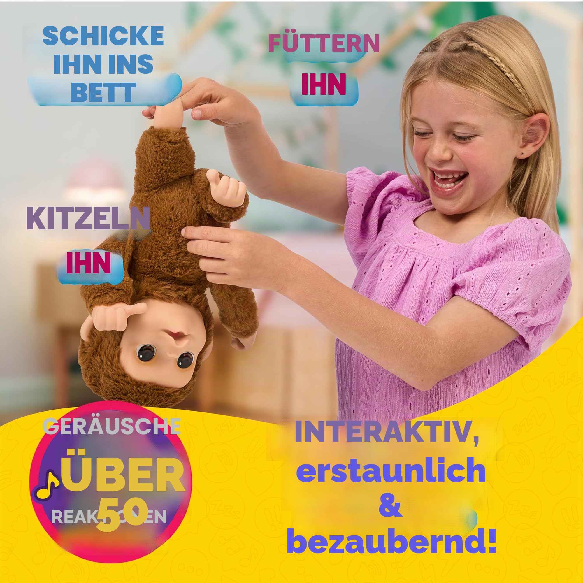 Little Live Pets My Baby Monkey Interaktiver Spielzeugaffe Mango kichert, frisst, nuckelt am Daumen, mit über 50 Geräuschen und Reaktionen für Kinder ab 4 Jahren.