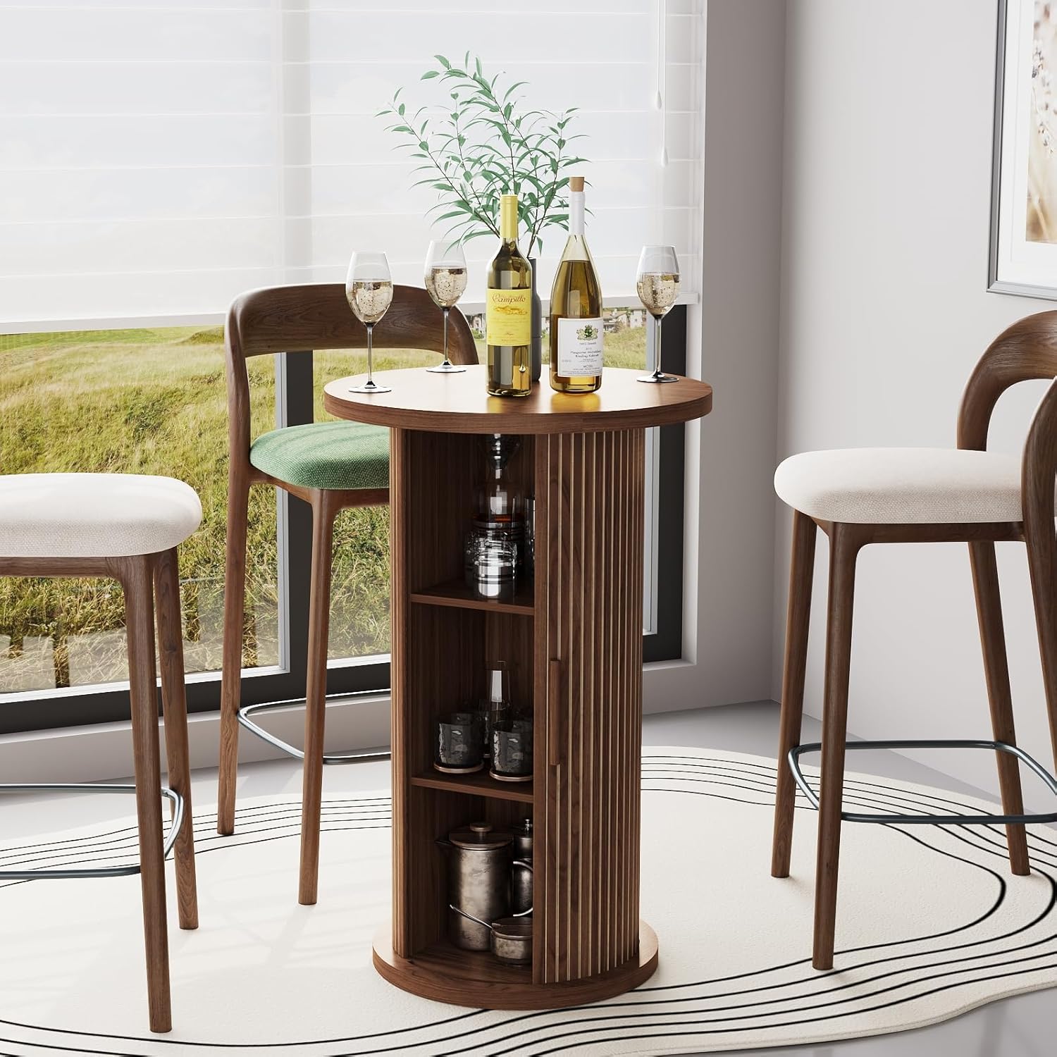 Round Bar Table with Storage, 36.4" High Top Pub Table with Sliding Door & Hidden Shelves for Wine & Glass Storage, Space Saving Modern Cocktail Table for Home Bar, Kitchen Corner, Apartment (Walnut)