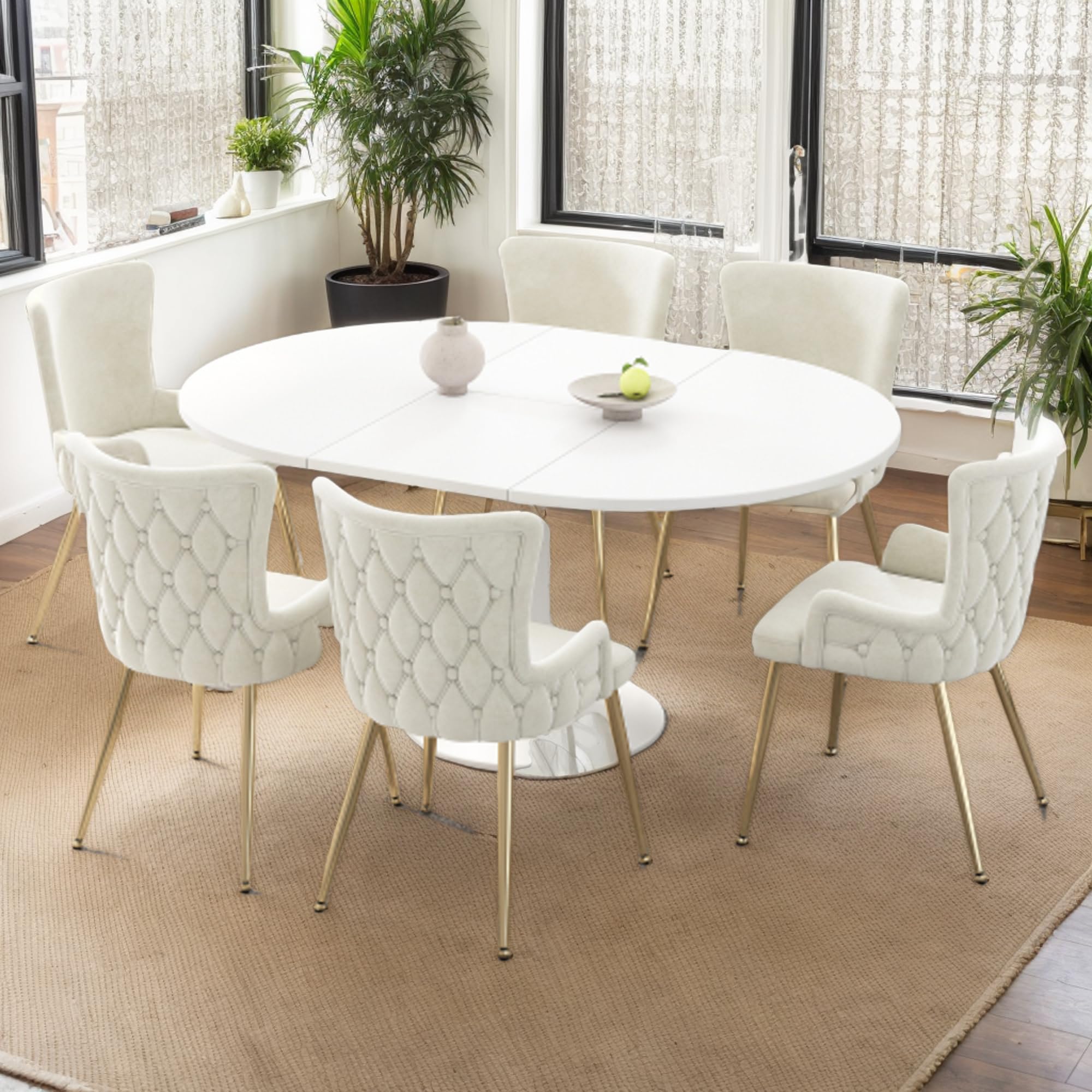 Juego de 6 sillas de comedor de terciopelo, lujosas sillas acolchadas con patas de metal doradas, para salón, dormitorio, elegante, beige