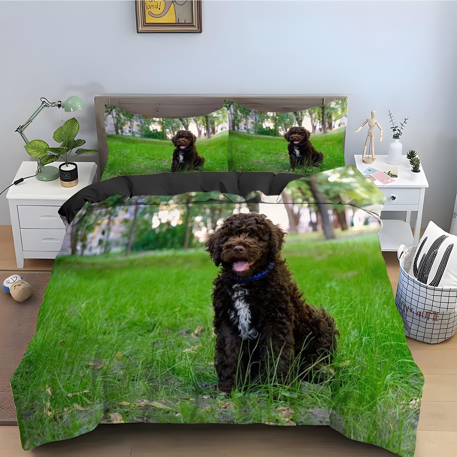 Chien en Peluche Parure de Lit Noir avec housse de couette 220x240 cm et 2 taies d'oreiller kz407