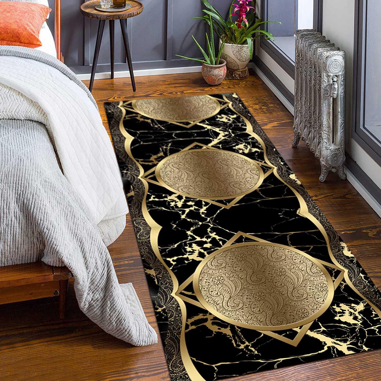 Teppichläufer 60x180cm Gold Marmor - Rutschfester Flurteppich Waschbar