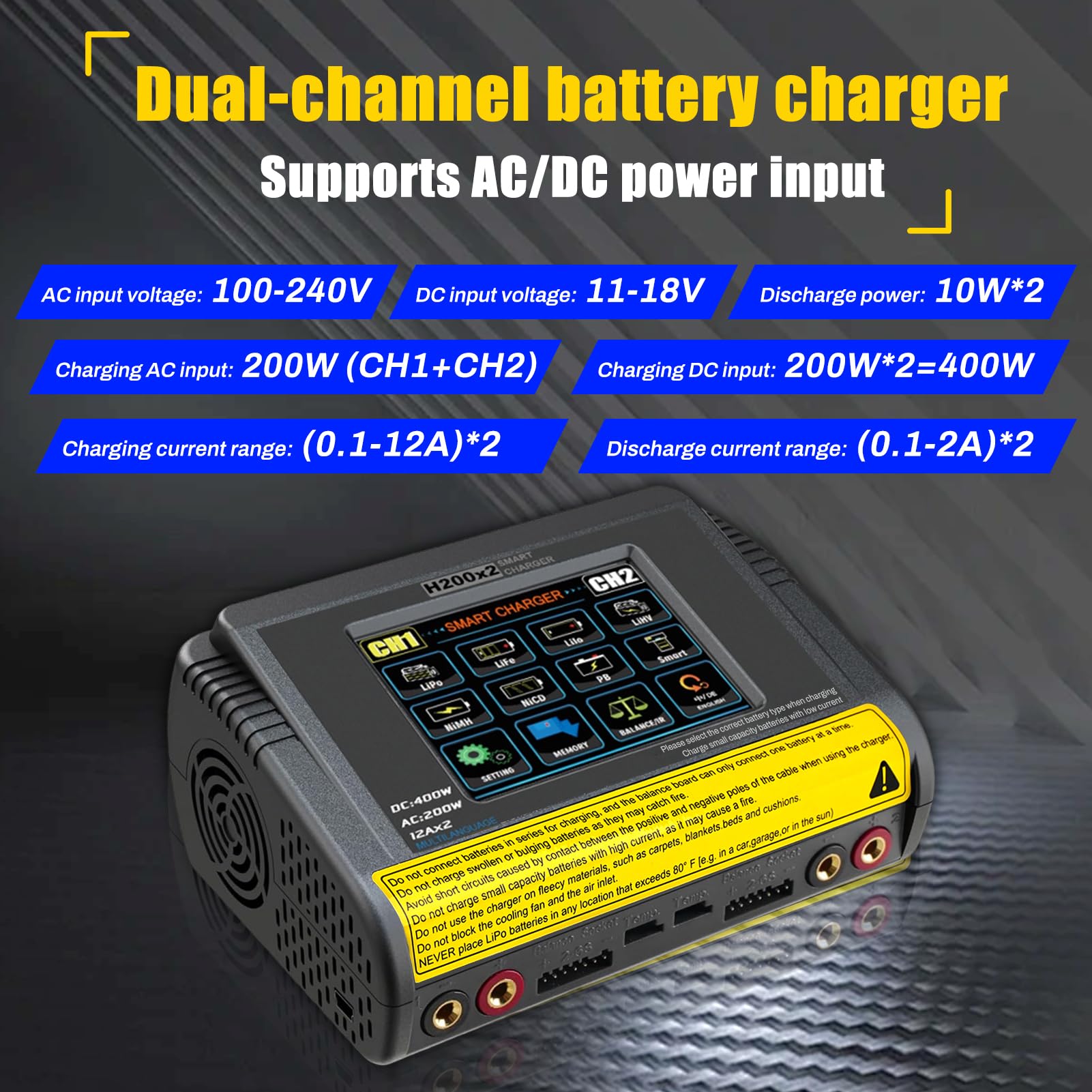 Lipo ladegerät T400 lipo Charger AC200W/DC400W 12A, lipo ladegerät Balancer Doppel-Entlade 3,2 Zoll Farb-Touchscreen Balancer entlader für LiPo/Lilon/Life/NiMH/NiCd/PB/NiMH