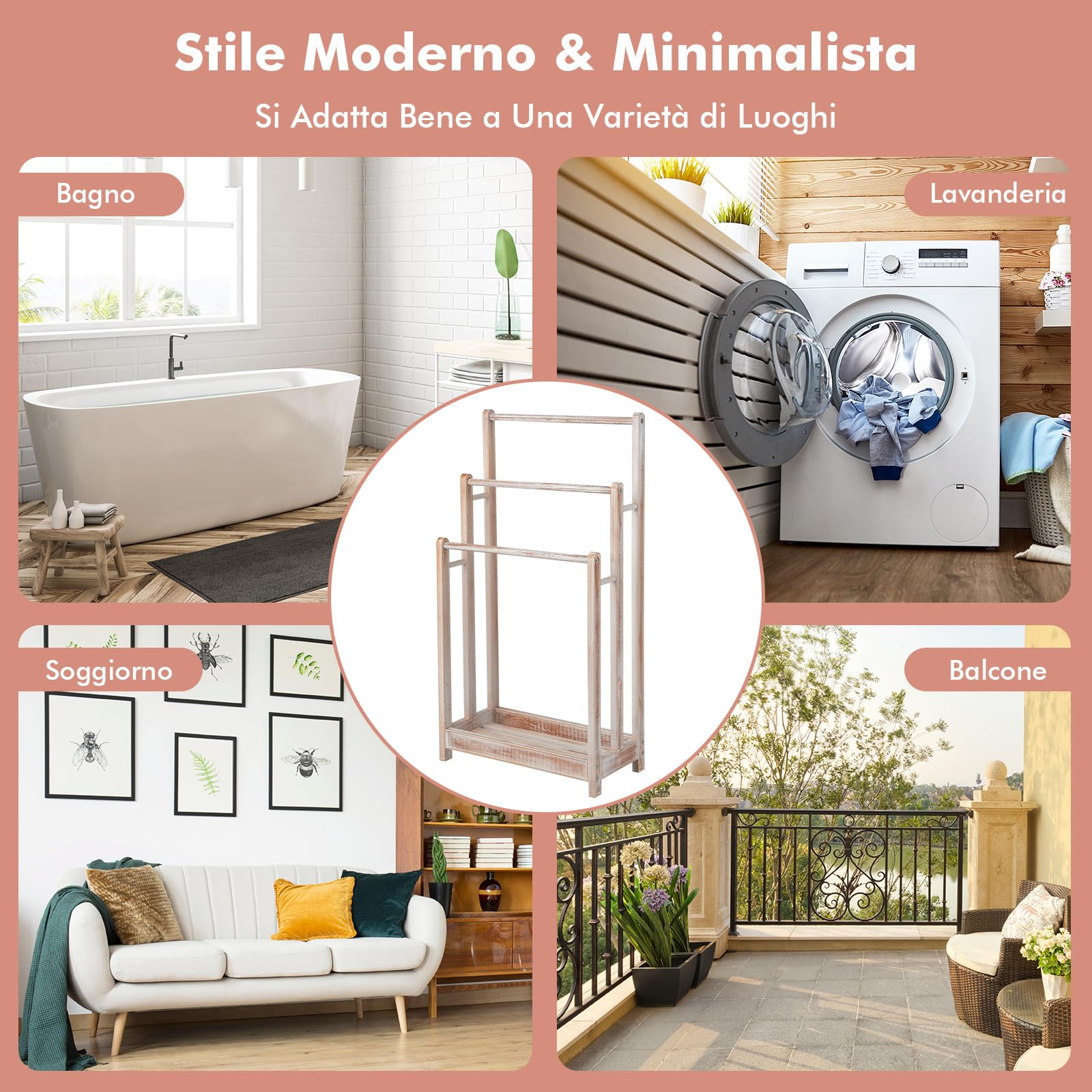 COSTWAY Portasciugamani in Legno da Terra, Porta Asciugamani a 3 Livelli con Mensola Inferiore, Dispositivo Anti-Ribaltamento, Supporto Leggero per Asciugamani da Bagno e Stanza Lavanderia (Bianco)