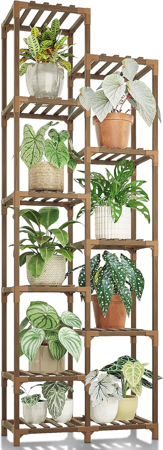 Bamworld 11-Tier 71.8" Tall Wooden Plant Stand - Indoor Outdoor Multi-Level Shelf for Living Room Corner, Patio, Garden