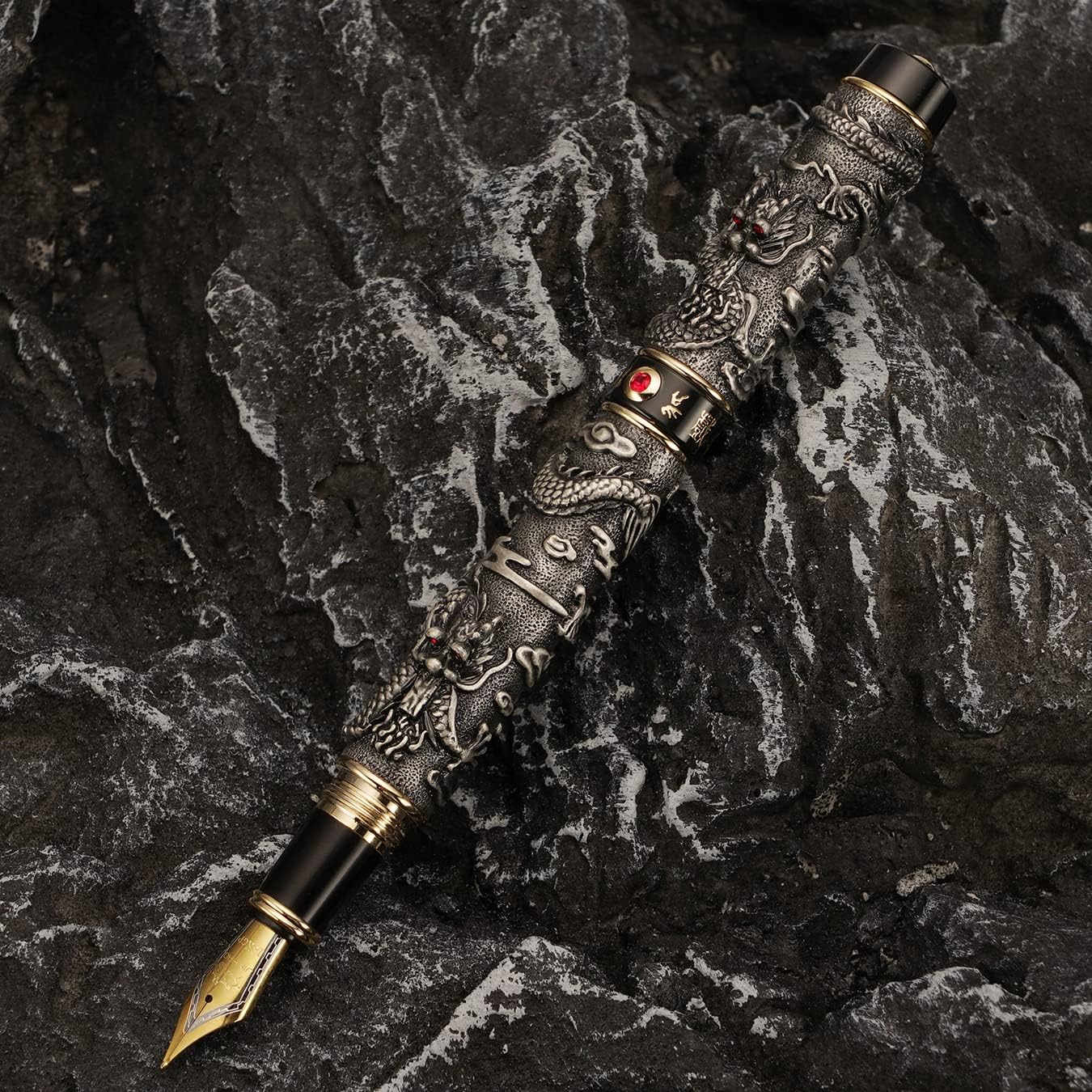 Gray Jinhao Vintage Luxury Dragon Fountain Pen Playing Pearl, Extra Fine Nib 0.38mm Metal Carving Embossed Heavy Pen