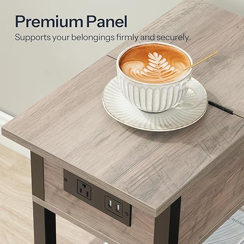 Miniatura 6 de HOOBRO Mesa auxiliar con estación de carga, mesa auxiliar abatible con puertos USB, mesitas de noche estrechas con estantes de almacenamiento, para
