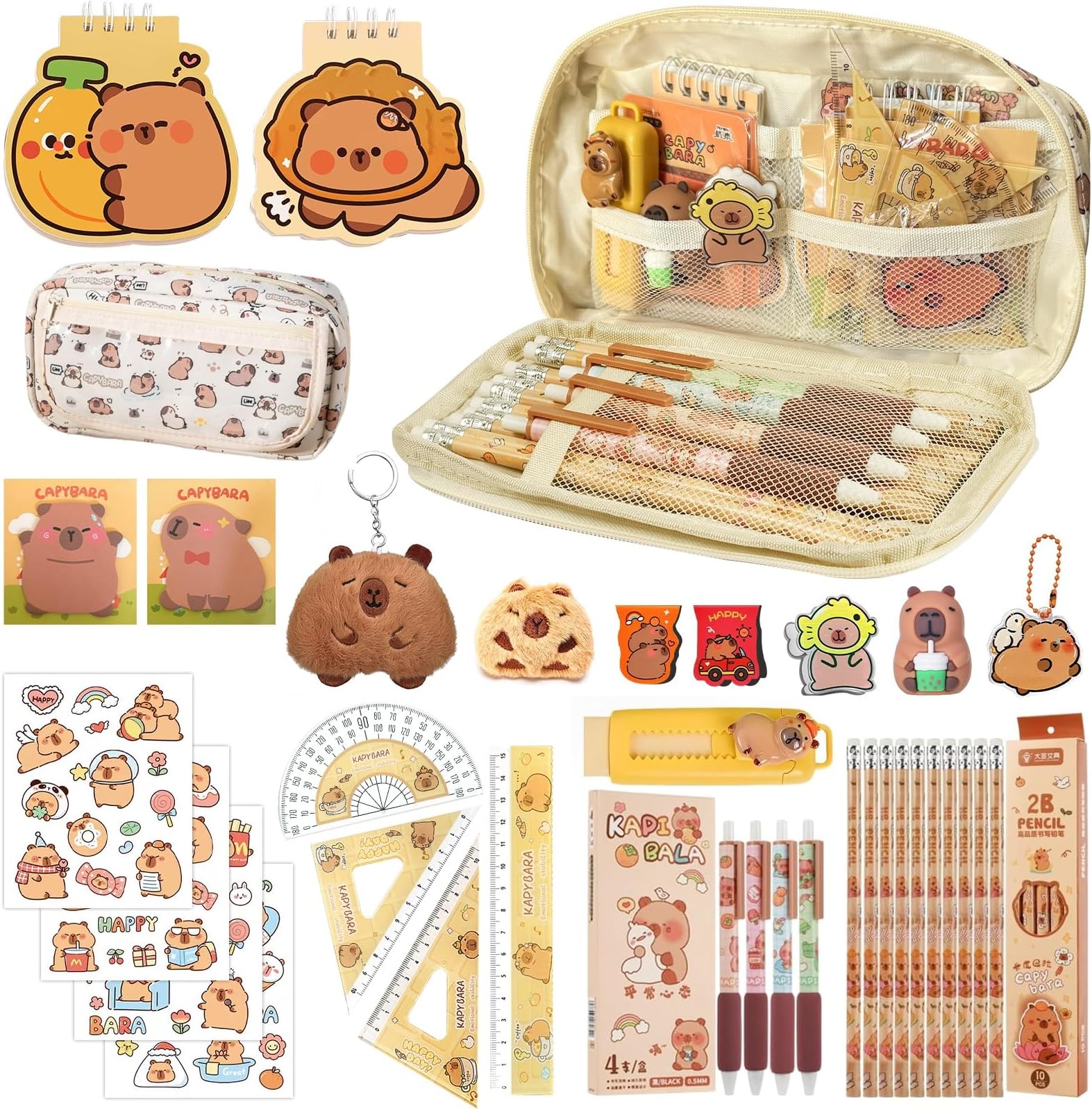 Realjoy 35Pcs Capybara Stationery Set, Capybara Pencil Case Include Notebook, Gel Pen, Ruler, Stickers, Keyring, Kawaii Stationery Gifts for School, Office, Children and Students