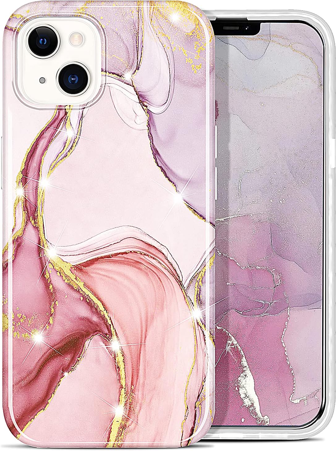LANYOS Compatible with iPhone 13 (6.1 inch) Marble Case for Women Girls, Ultra-Thin Gold Sparkle Glitter Marble Pattern Soft TPU Shockproof Protective Cover (Pink)