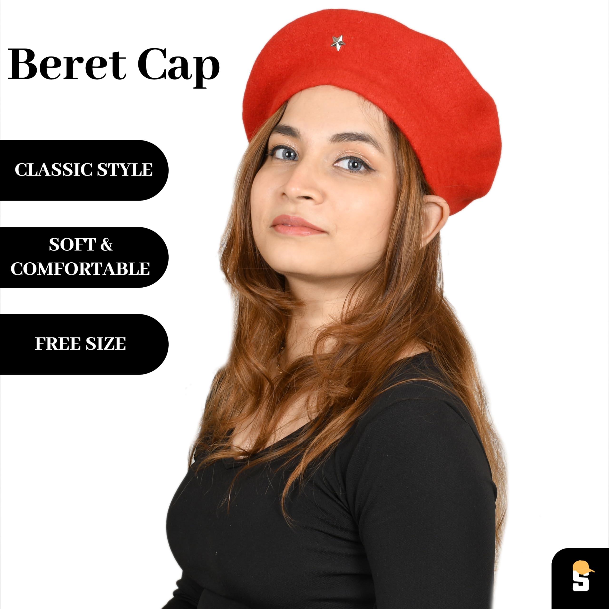 SOUL eTHICS Women's Premium Wool Blend French Artist Beret Cap - Stylish, Warm & Classic - Elegant Winter Beanie Hat for Girls & Ladies -Free Size (in, Alpha, Free Size, Red, Star) - Image 2 thumbnail