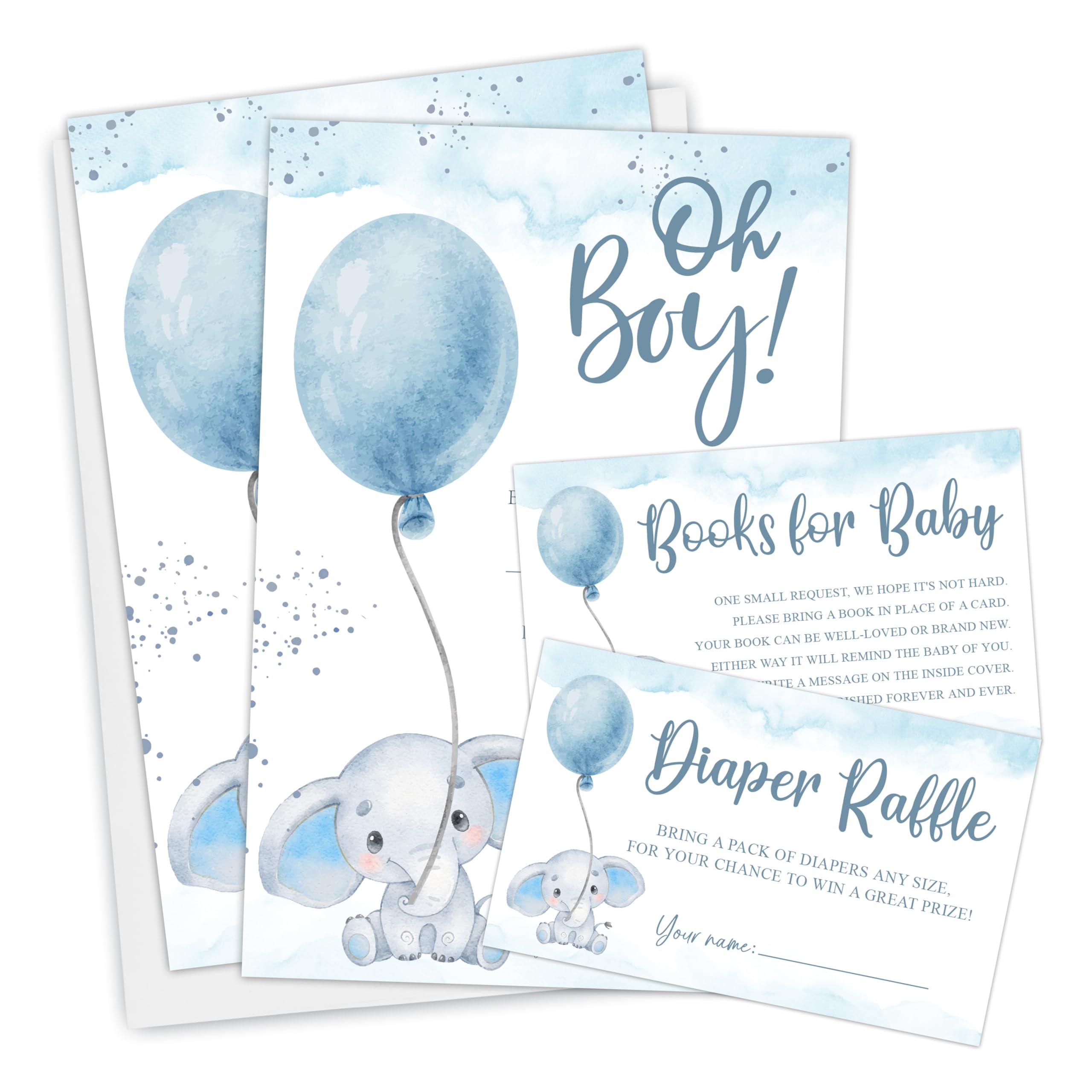Blue Watercolor Elephant 'Oh Boy' Invitation Set (Double-Sided) with Inserts