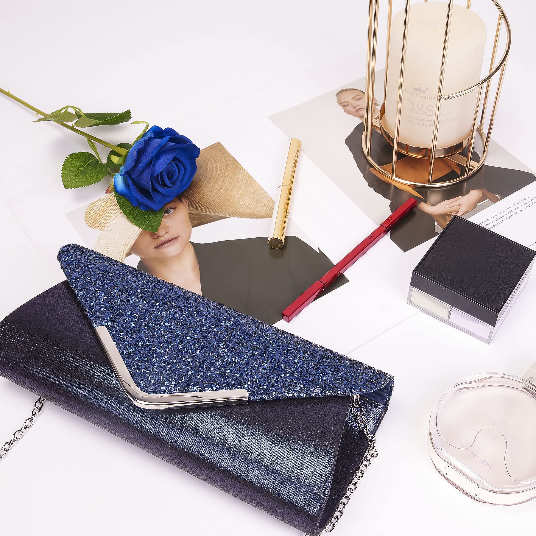 Larcenciel Pochette Donna, Borse da Sera Glitterata con Catena Staccabile, Borsa a Tracolla con Paillettes, Borsa alla Moda, Busta Elegante, borse a Spalla per Ballo di Fine Anno, Festa (Blu)