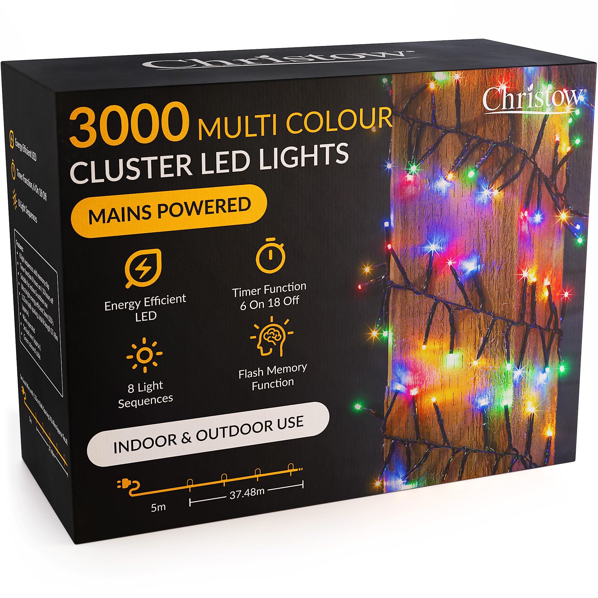 Christow 3000 LED Cluster Christmas Tree Lights, Multi-Coloured Fairy Lights with Timer, 8 Light Modes, Energy Efficient 3mm Micro LEDs, Indoor & Outdoor, Mains Powered, Green Cable, 37.48m Lit Length