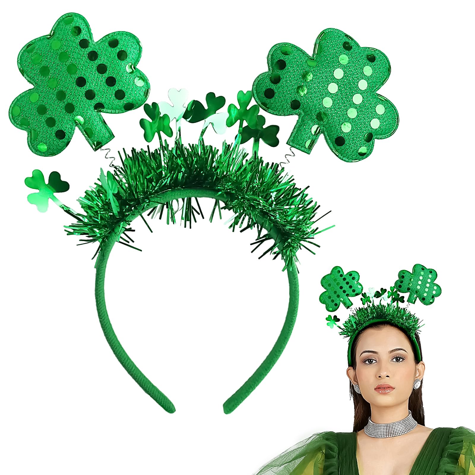 Doneace Sequins Shamrock Headband, St Patrick's Day Glitter Clover Hair Band Irish Green Boppers Hair Hoop for Women Girl Celebration Parade Hair