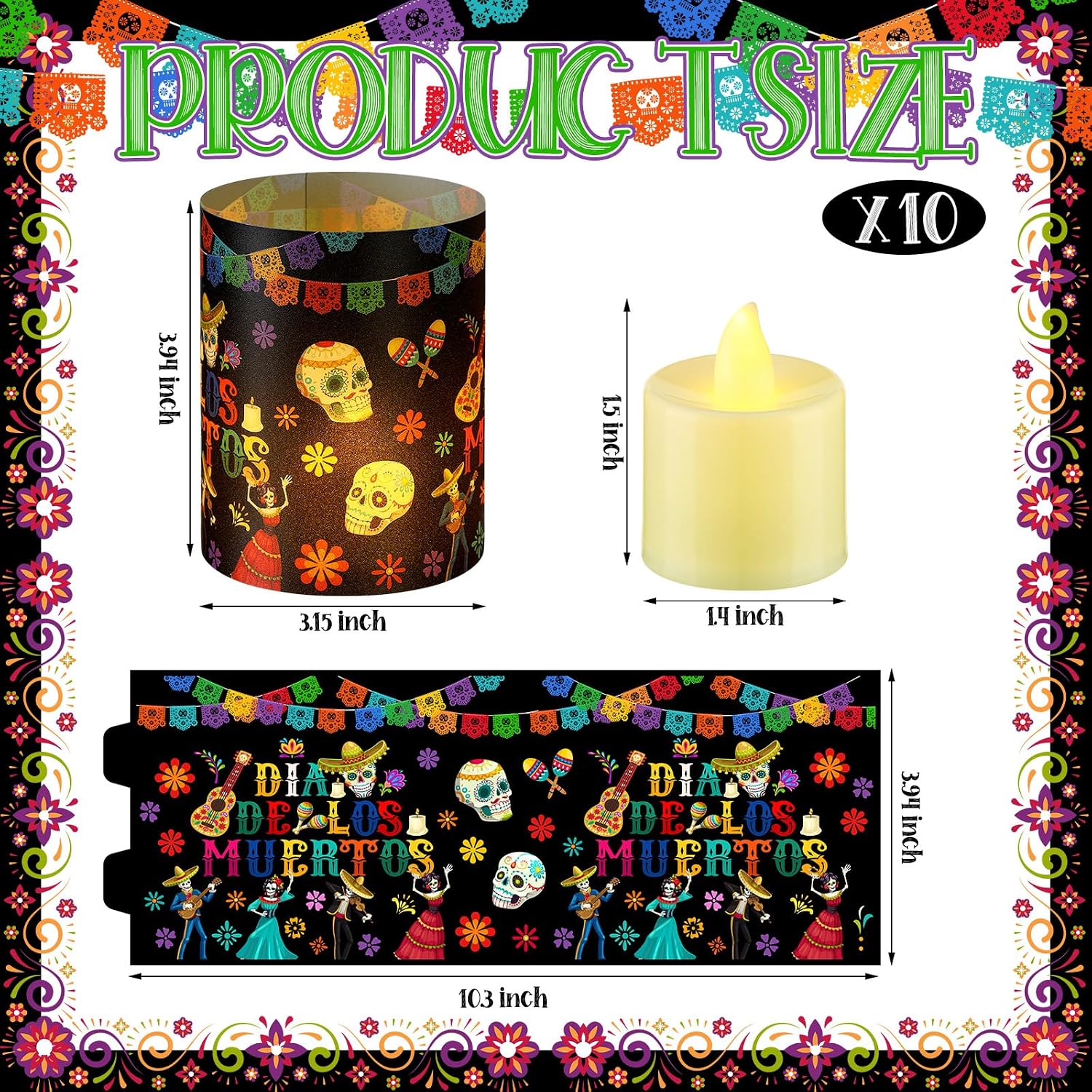 10 Pcs Dia De Los Muertos Table Decor with LED, Black Sugar Skull