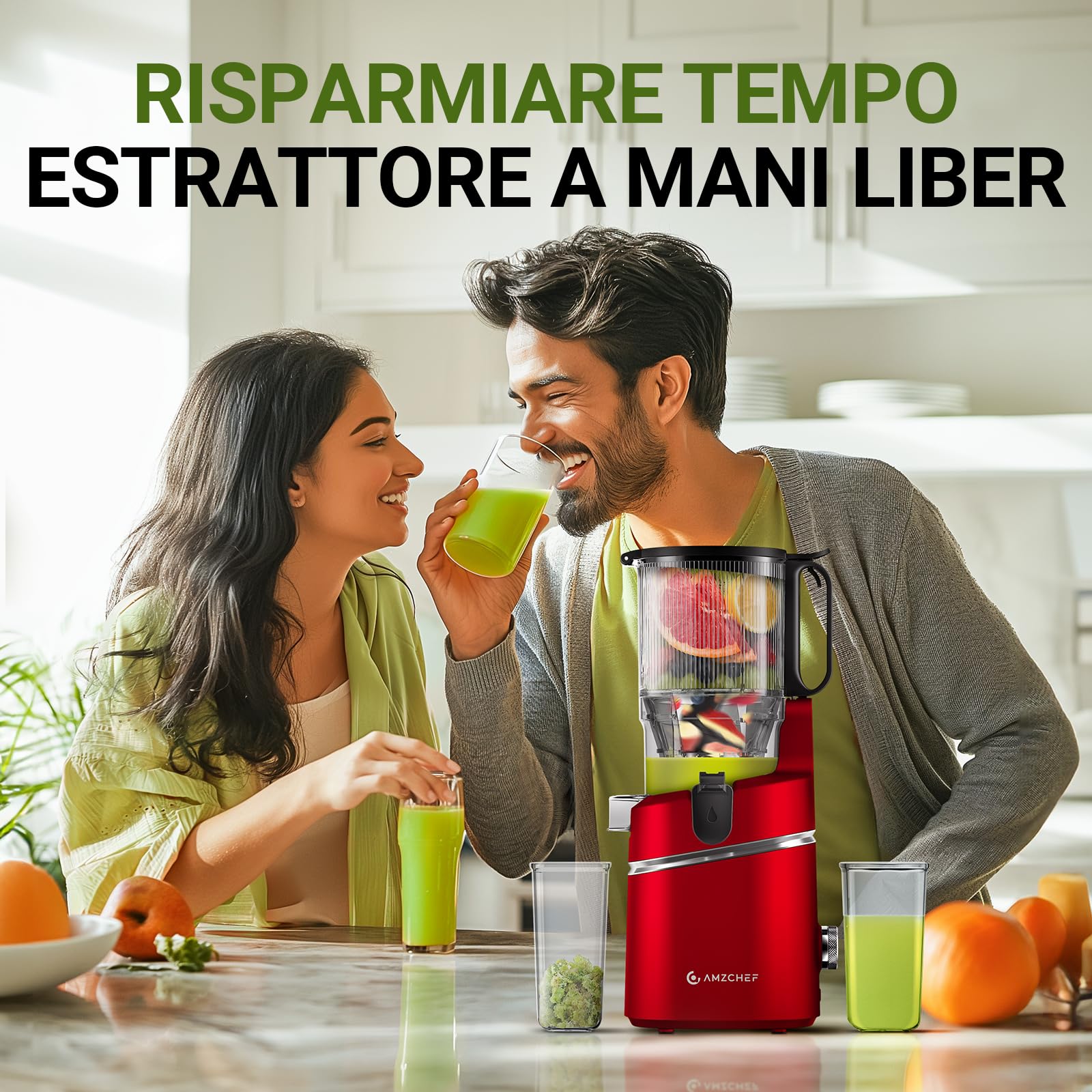 AMZCHEF Estrattore Automatico, Apertura 135MM e Capacità 1,8L Estrattore Frutta e Verdura Intera, 250W Estrattori di Succhi Professionale con Triplo Filtro - Rosso
