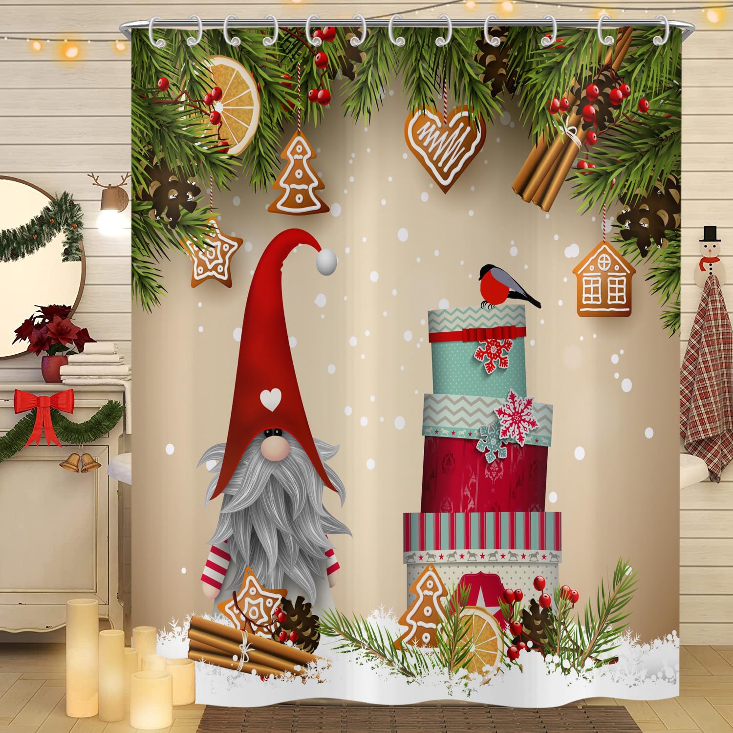 Hnmdmyi Christmas Shower Curtain 180x220, Cute Gnome Colorful Gift Boxes Green Pine Branch Xmas Winter Holiday Bathroom Curtains Waterproof Polyester Fabric Washable Bath Curtains with Hooks