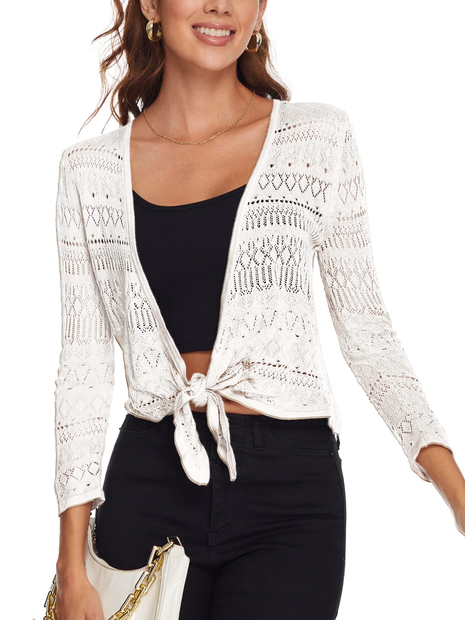 Spicy SandiaWomen's Lightweight Shrugs Crochet Bolero Sweaters Tie Front 3/4 Sleeve Cropped Cardigan for Spring Summer