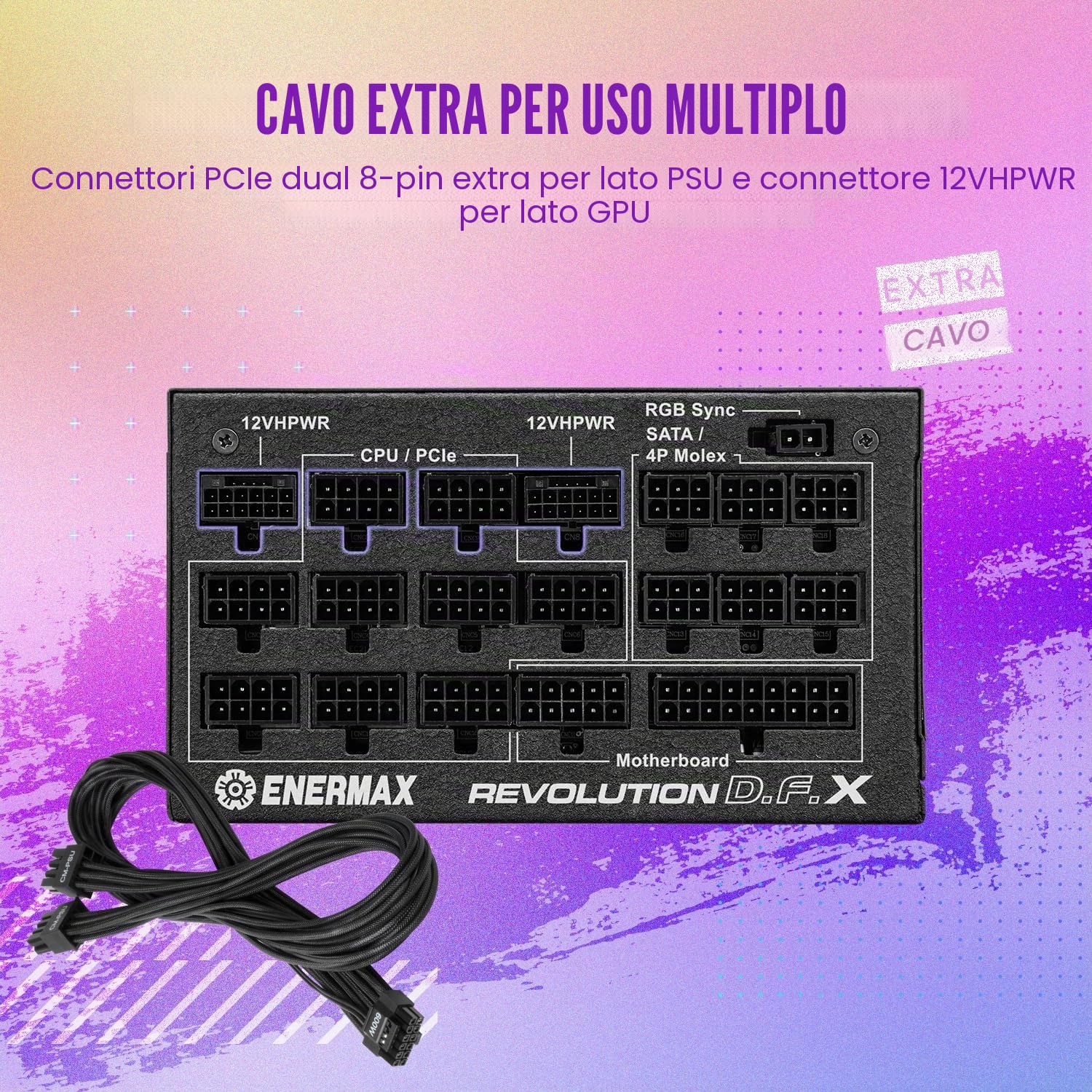 Alimentatore ENERMAX Revolution D.F. X ARGB ATX3.0 PCI-e 5.0 Compact Gaming&Streaming PC 1650W 80Plus Gold (completamente modulare, 2x 12VHPWR, semi-fanless), ERT1650EWT, nero