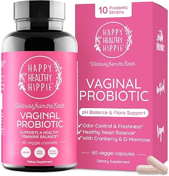 Happy Healthy Hippie Vaginal Probiotic for Women - pH Balance, BV, Odor + Urinary Support - 10 Probiotic Strains, 10B CFU, Cranberry, D-Mannose & 8 Botanical Herbs - Digestive Enzymes - Vegan, 60 Ct