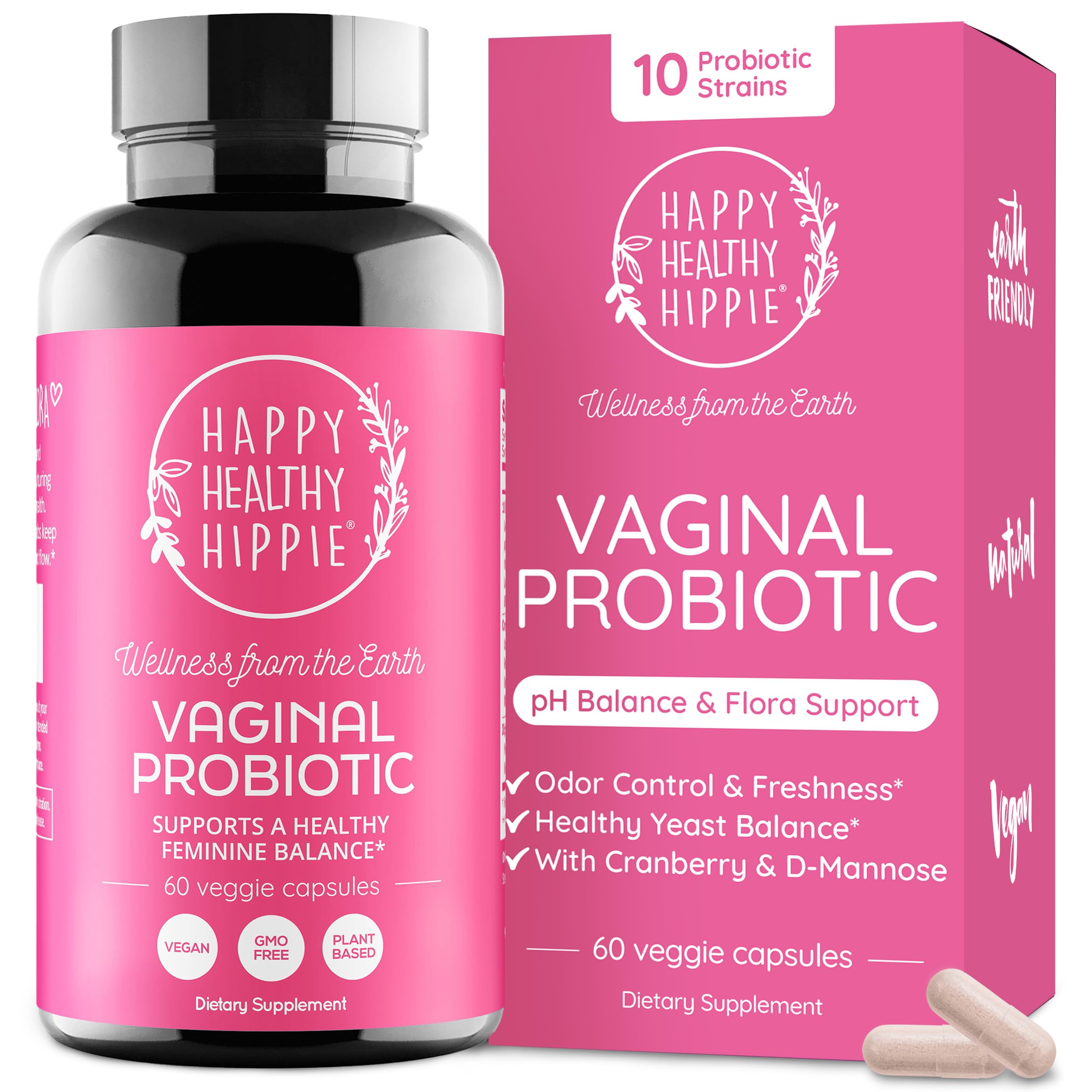 Happy Healthy Hippie Vaginal Probiotic for Women, 10 Strains, Vegan, 60 Ct 60 Count (Pack of 1)