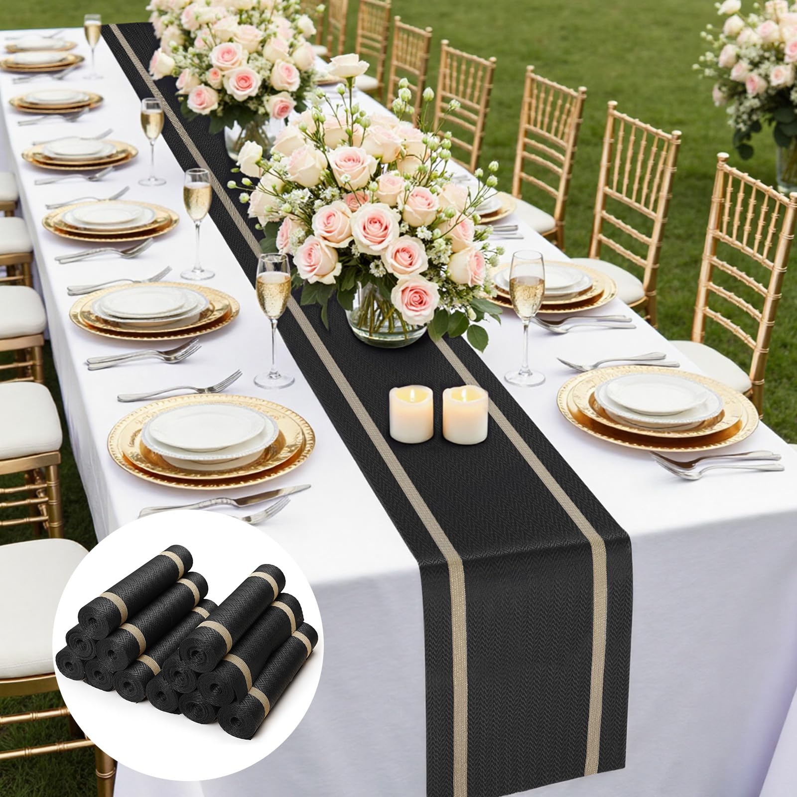 FAVE Tischläufer aus gewebtem Vinyl, mit goldenen Fäden, hitzebeständig, Esstischmatten für Hochzeit, Bankett, Geburtstag, Party, Restaurant, Schwarz, 30,5 x 304,8 cm, 12 Stück