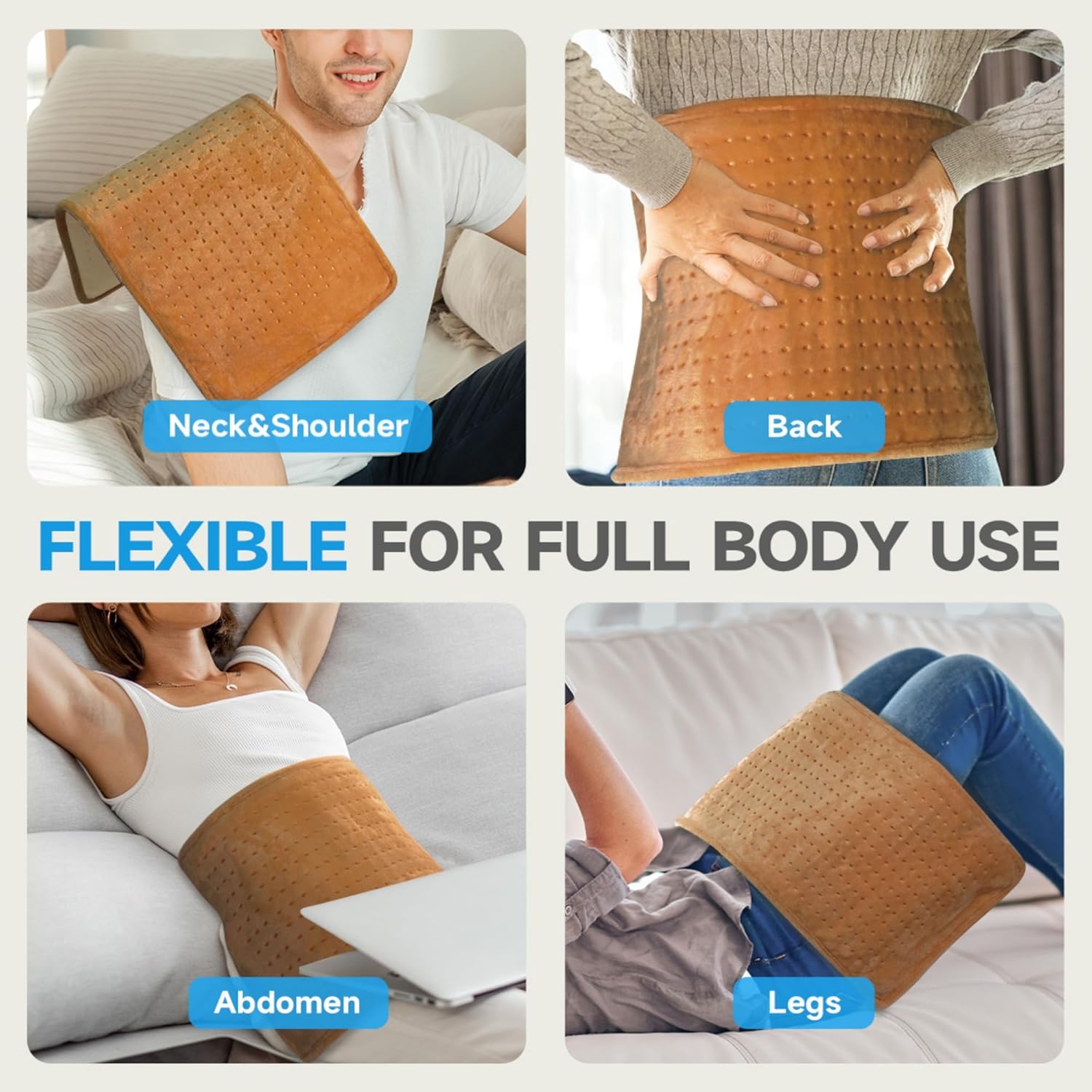 GOTCOZY heating pad used on neck, shoulder, back, abdomen, and legs