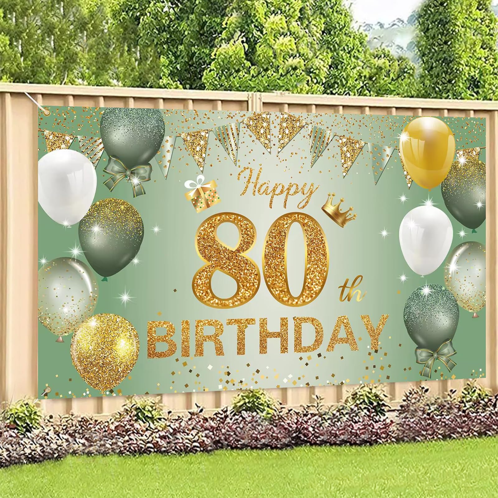 Sage Green Gold 80th Birthday Banner, 80th Birthday Backdrop for Women Men
