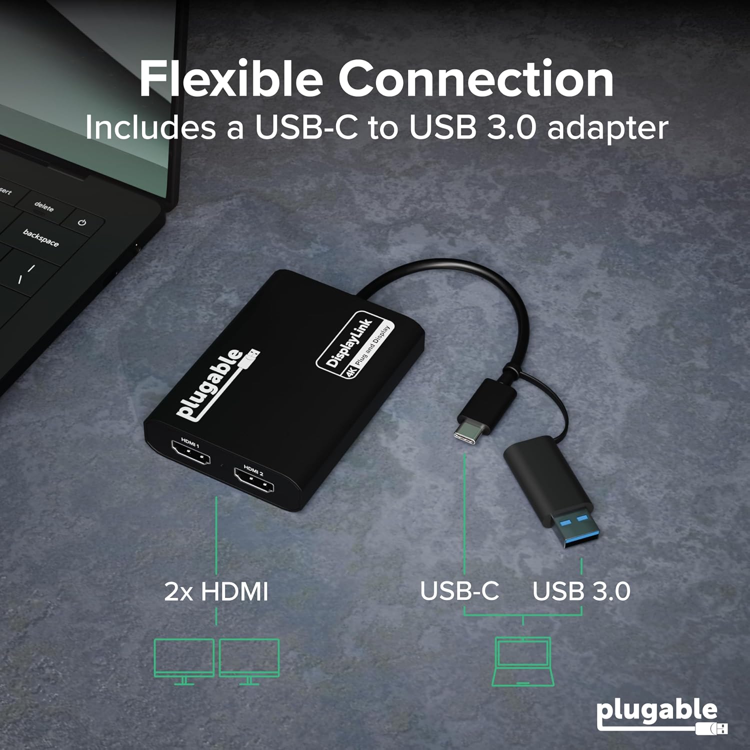 Plugable USB-C & USB-A Dual 4K HDMI Adapter with DisplayLink image 2