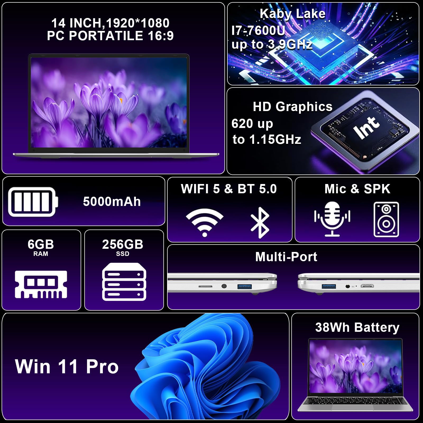 2026 PC Portatile 14 Pollici Laptop Win 11 256 GB ROM N4020 2.4G+5G-Argento | WiFi upto 2.8 GHz Supporta l'espansione SSD 1TB 4.2 USB HDMI Tastiera Italiana Membrana Mouse Senza Fili