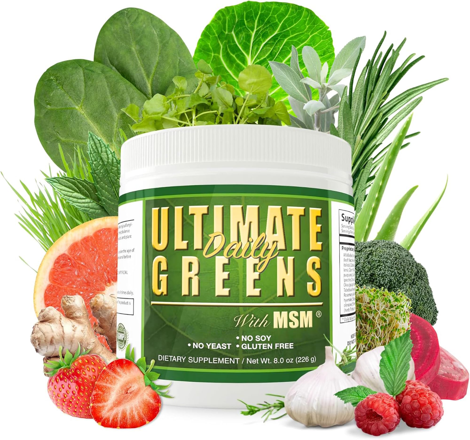 Daily Health, Ultimate Greens with MSM Powder, Vegan Friendly Natural Ingredients Gluten Soy Free Superfood Vegetable Nutritional Drink Alkalizing Energy 8oz 1 Pack (1 Month Supply) 8 Ounce (Pack of 1)