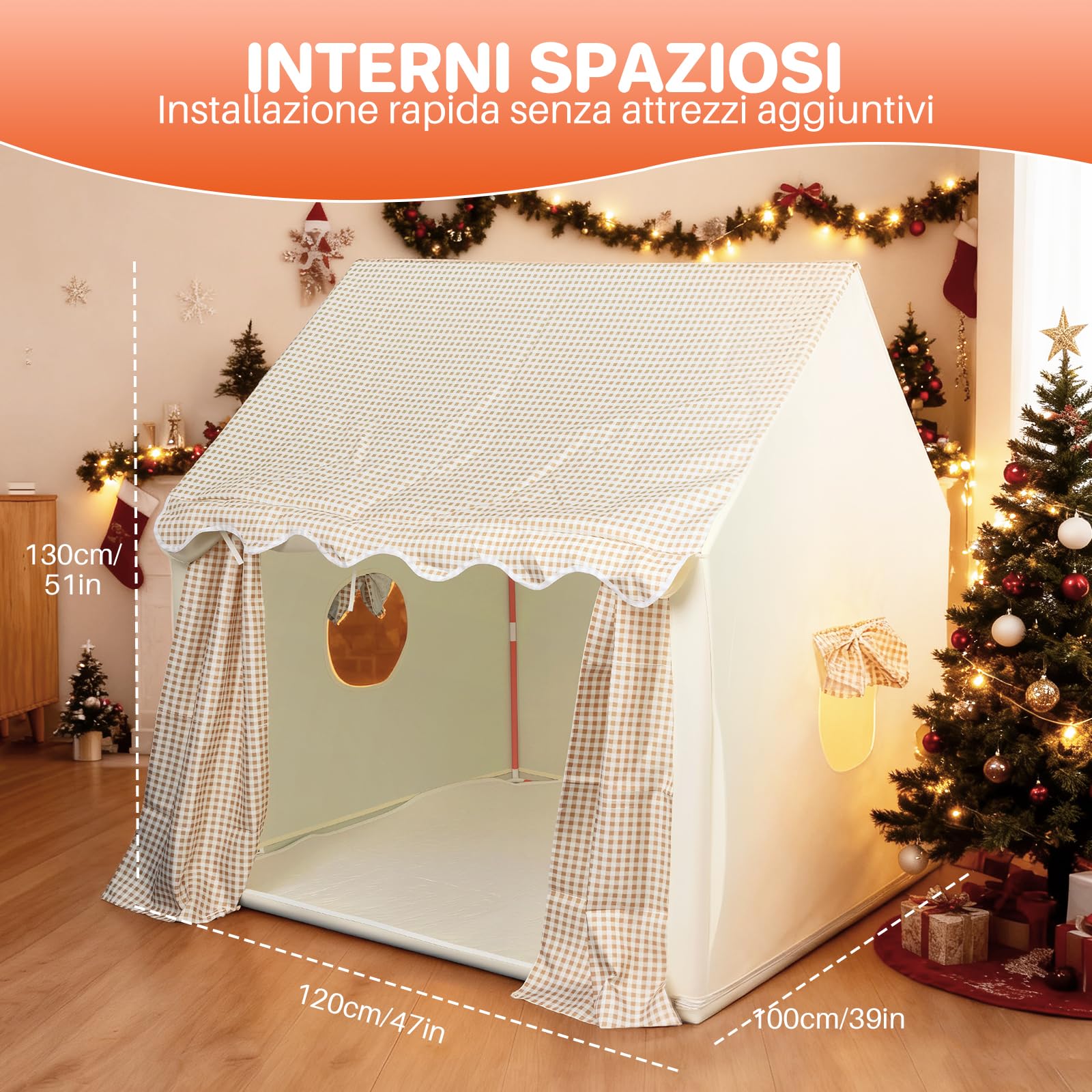 FUNYKICH Tenda per Bambini,Tenda per Bambini da Gioco con Struttura in Metallo,IncludeTappetino Antiscivolo,Luci e Borsa Organizzatore,Casetta Multifunzione per Interni/Esterni,120x100x130 cm