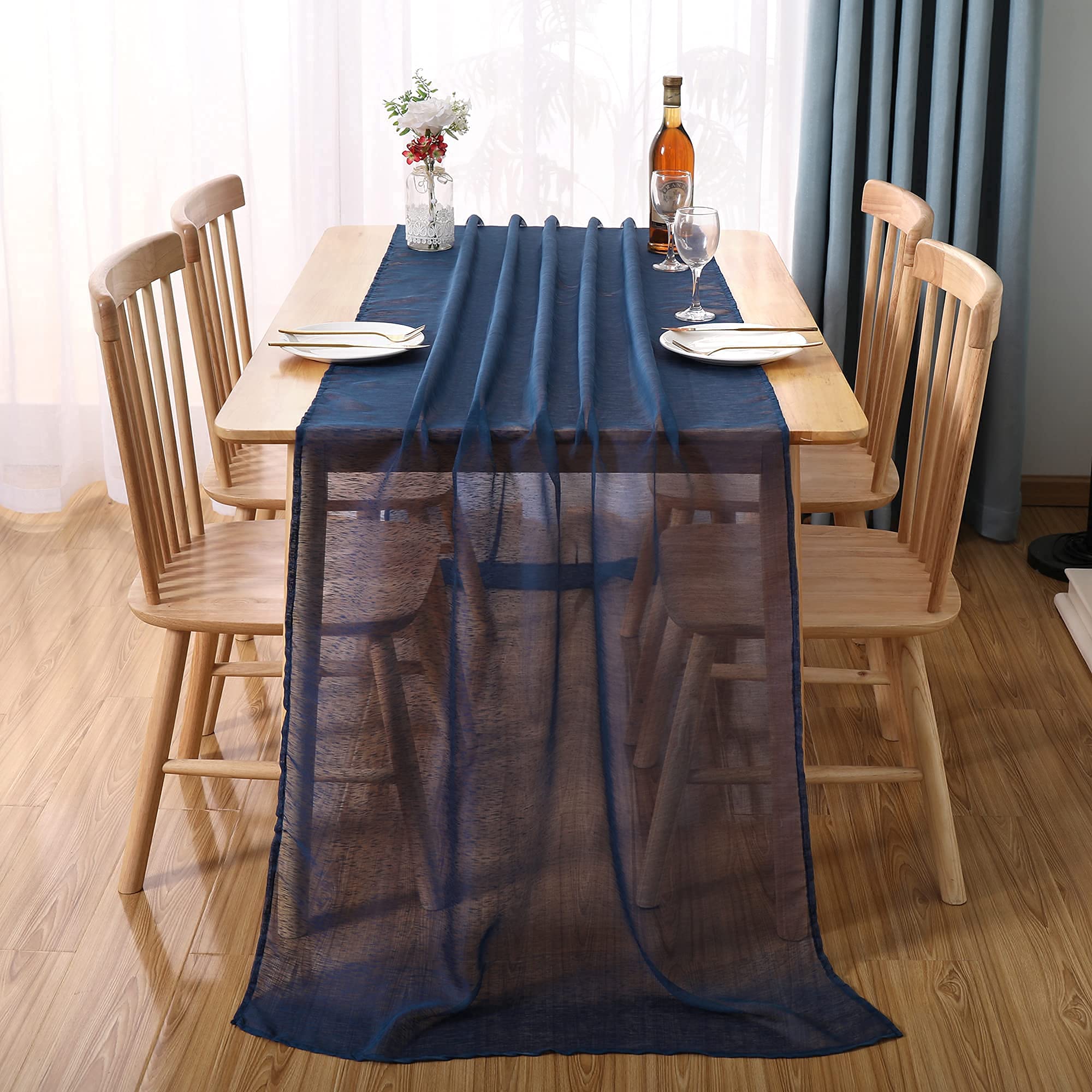 MUMFAS Navy Blue Tulle Wedding Table Runner Chiffon Sheer Table