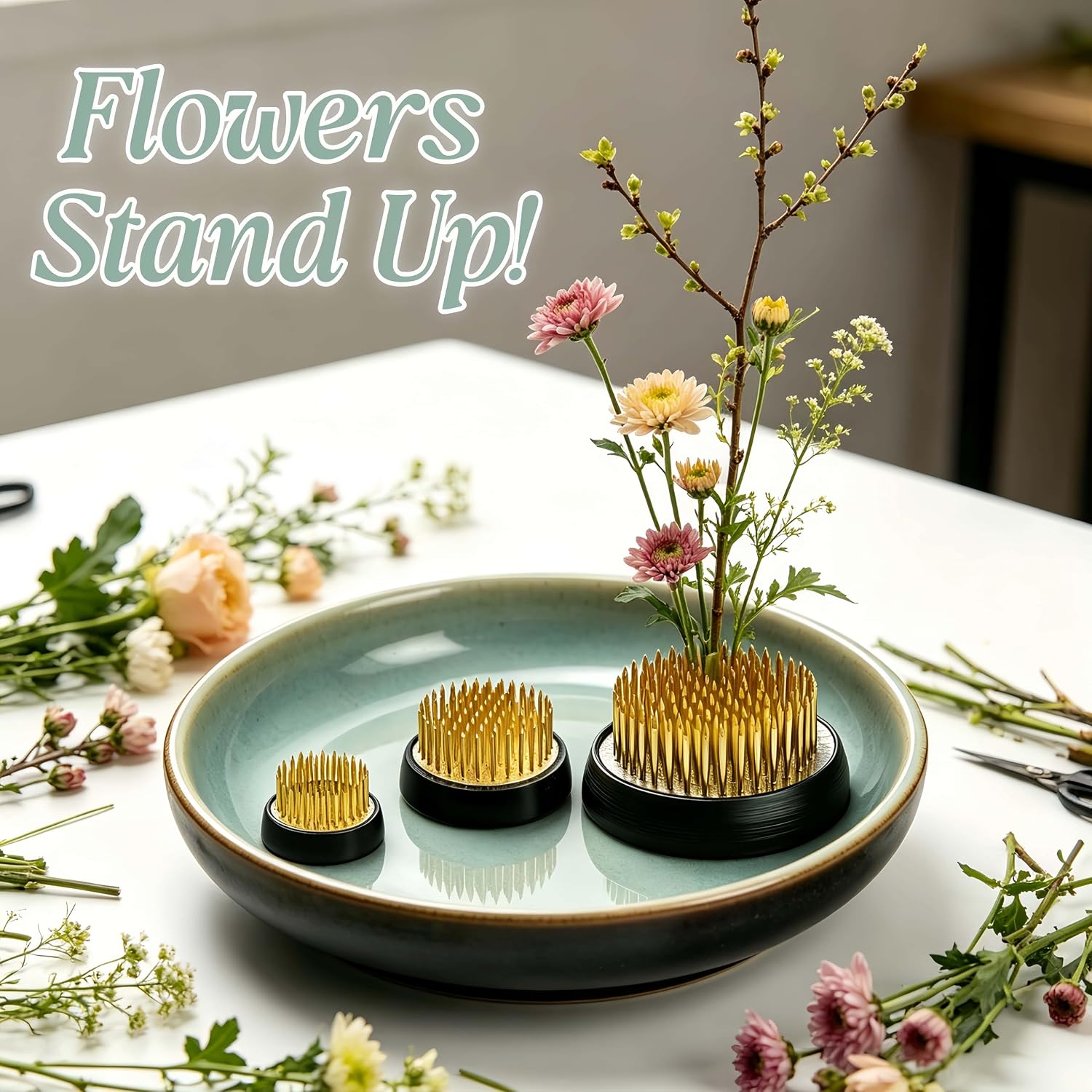 3 Pcs Flower Frogs for Flower Arrangements Supplies, Japanese Flower Arranging Ikebana Kenzan, Pin Frogs for Flowers Holder with Rubber Base Flower Fixed Tools(Gold, 1.3 Inch, 1.57 Inch, 1.97 Inch)