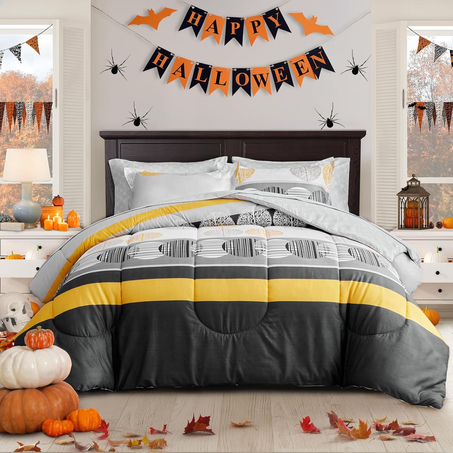 Stripes Bed in a Bag King Size 7 Pieces Black Gray Yellow Comforter