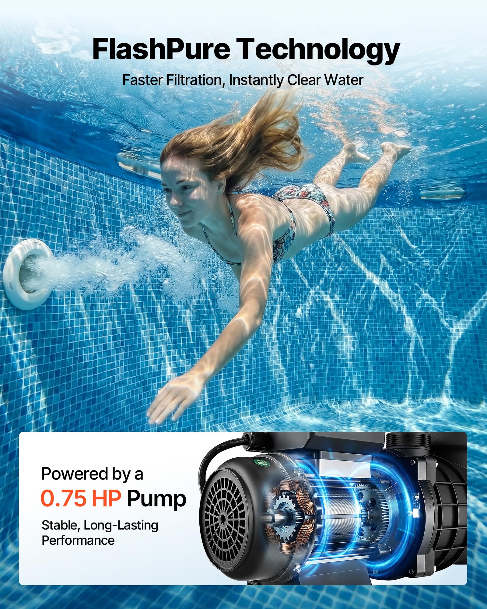 VEVOR FlashPure Sand Filter Pump, 14 in for Above Ground Pool, 0.75 HP 3500 GPH, Swimming Pool Filter System with Timer, 6X Faster Filtration, Media Installed, Leak-Resistant, Ready to Use Out of Box — view 5