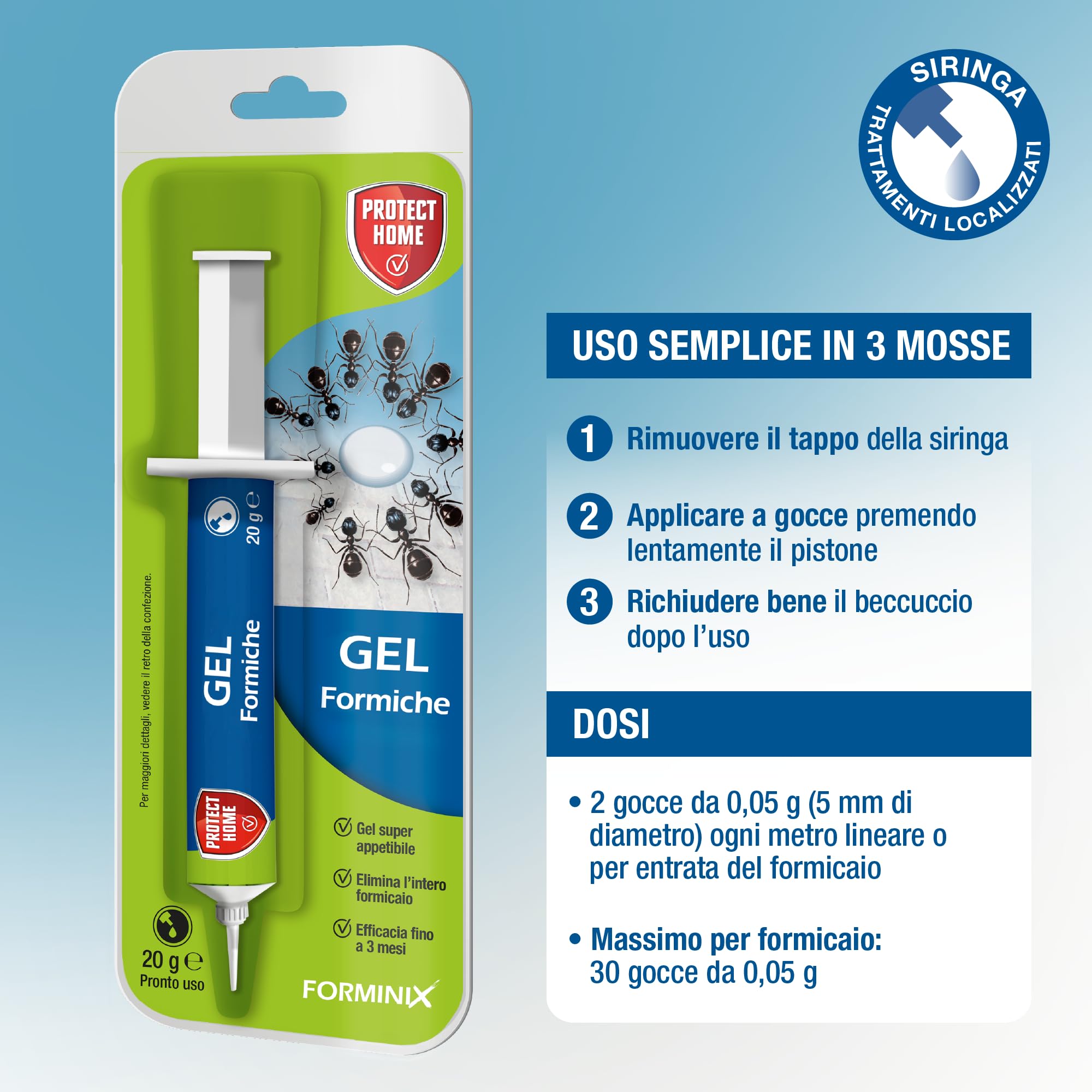Protect Home Forminix gel. Insetticida per formiche pronto uso. Efficace, elimina il nido in breve tempo. Per interni ed esterni. 20 g - 5