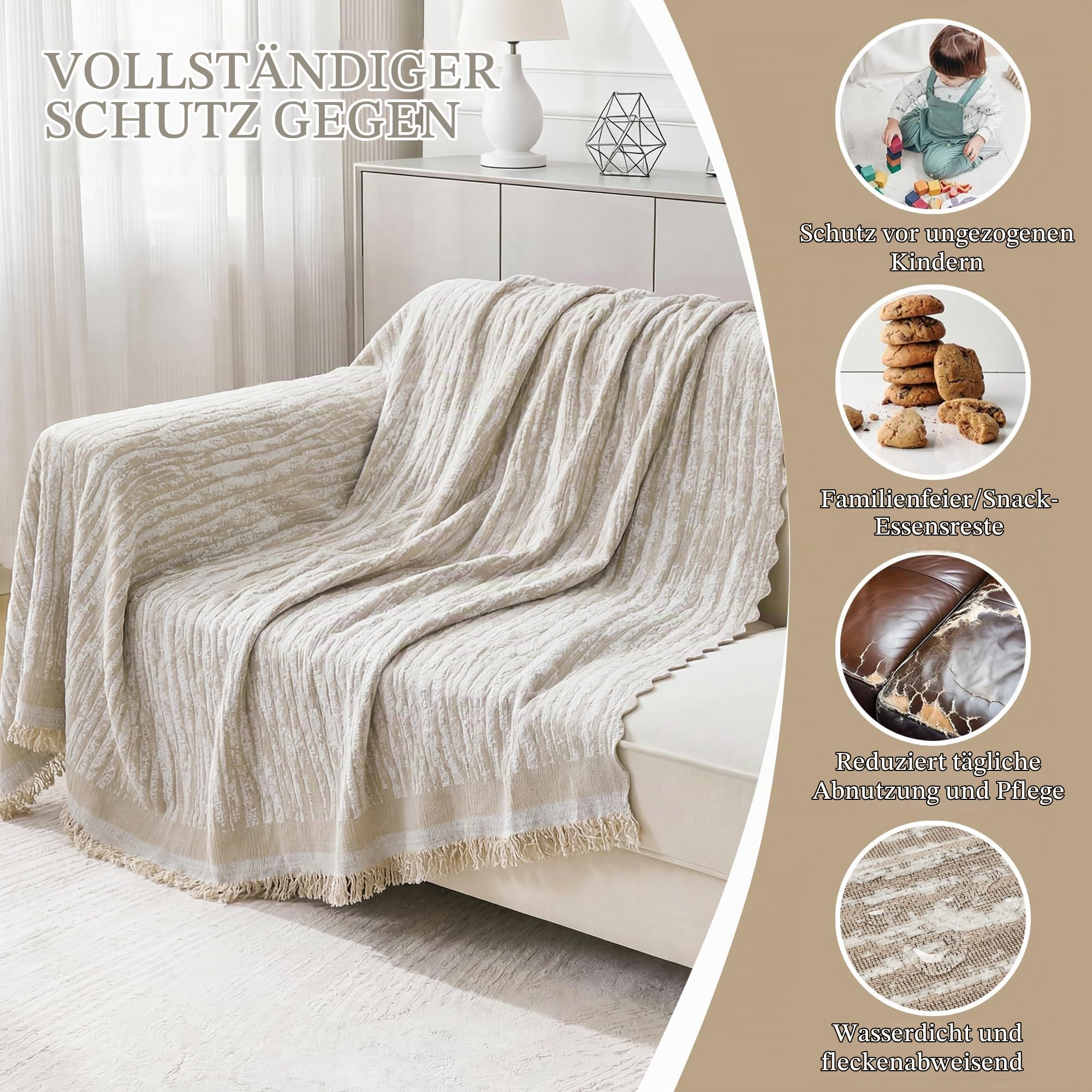 Chenille Sofa Überzug 2 3 4 Sitzer Modern Sofabezug Ecksofa L Form Waschbar Couch Überzug U Form AB Seiten Sofa Überwurf mit Quaste Sofaschoner Sofaschutz für Wohnzimmer Khaki 180x340cm
