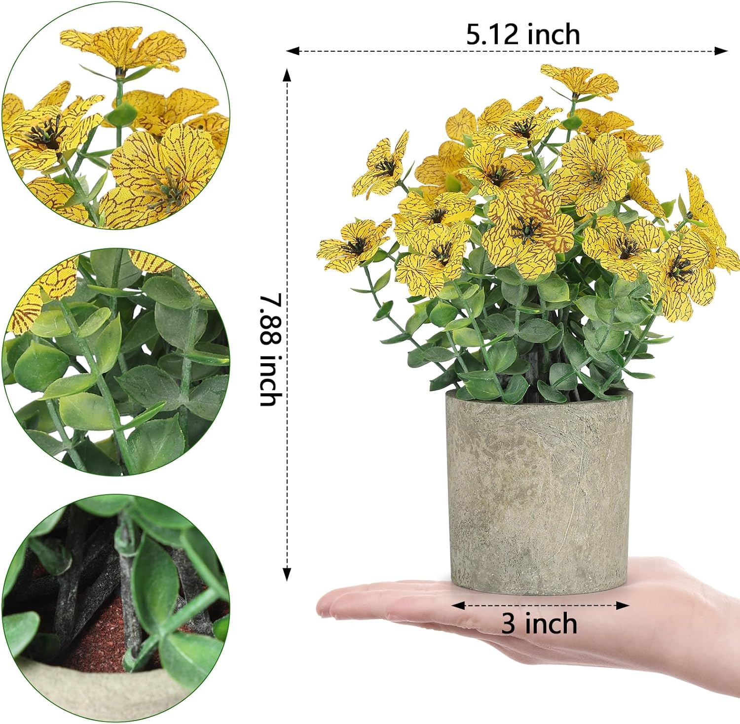 2 Pack Small Fake Plants Potted Artificial Plants Artificial Flowers Potted Faux Flower Daisy with Eucalyptus Leaves for Home Decor Office Room Farmhouse Indoor Table Bathroom Decor（Yellow） - Image 2