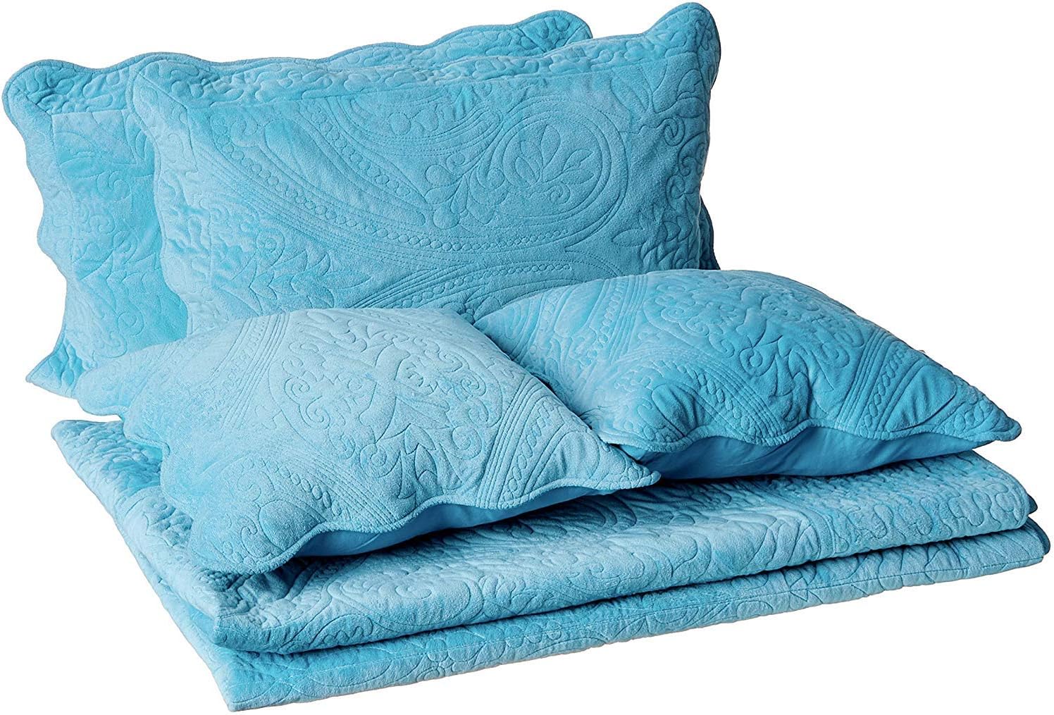 Tache 3 Piece Super Soft Floral Magic Carpet Bedspread Quilt Set in Solid Blue, Twin